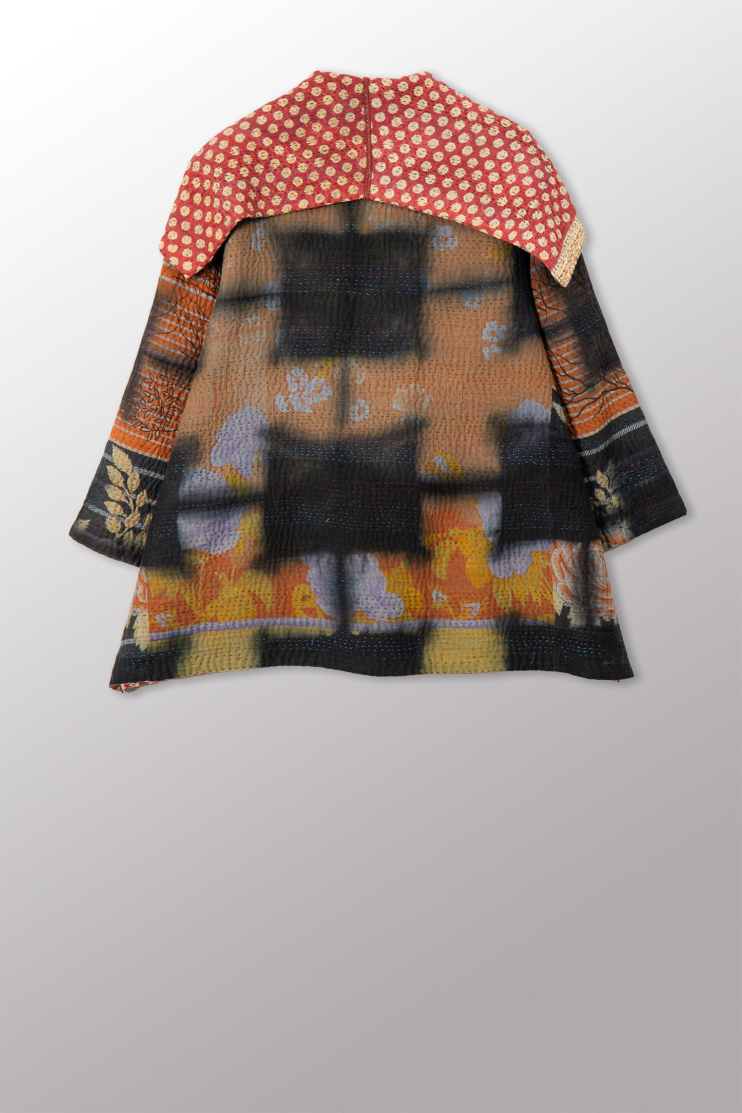 VINTAGE COTTON GREY CLAMP TIE DYE KANTHA FLARE JACKET - su4010-0001a -