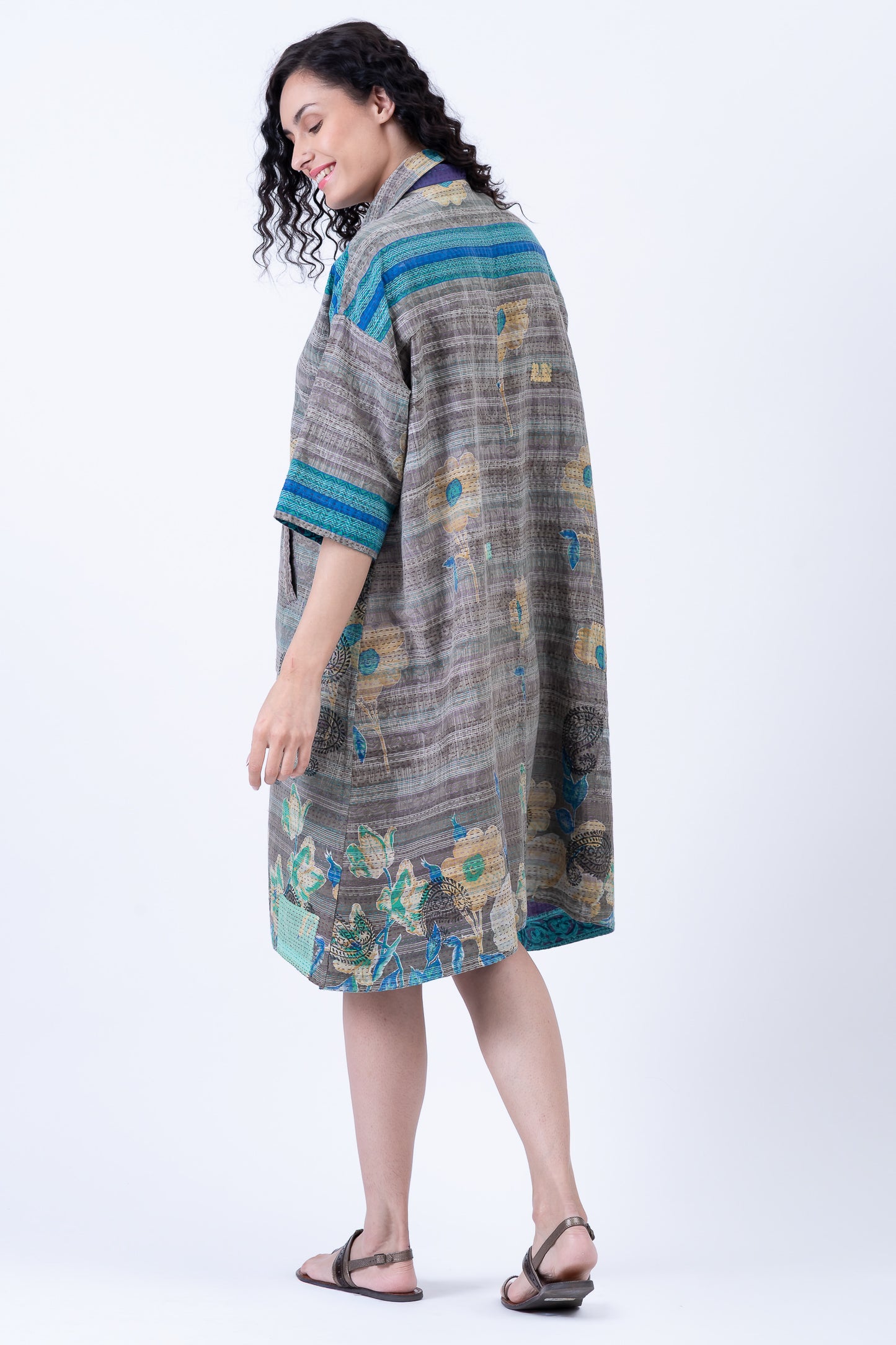 COTTON OVERDYE KANTHA 3/4 SLV. SHIRT DRESS - ov2459-cblu001m -