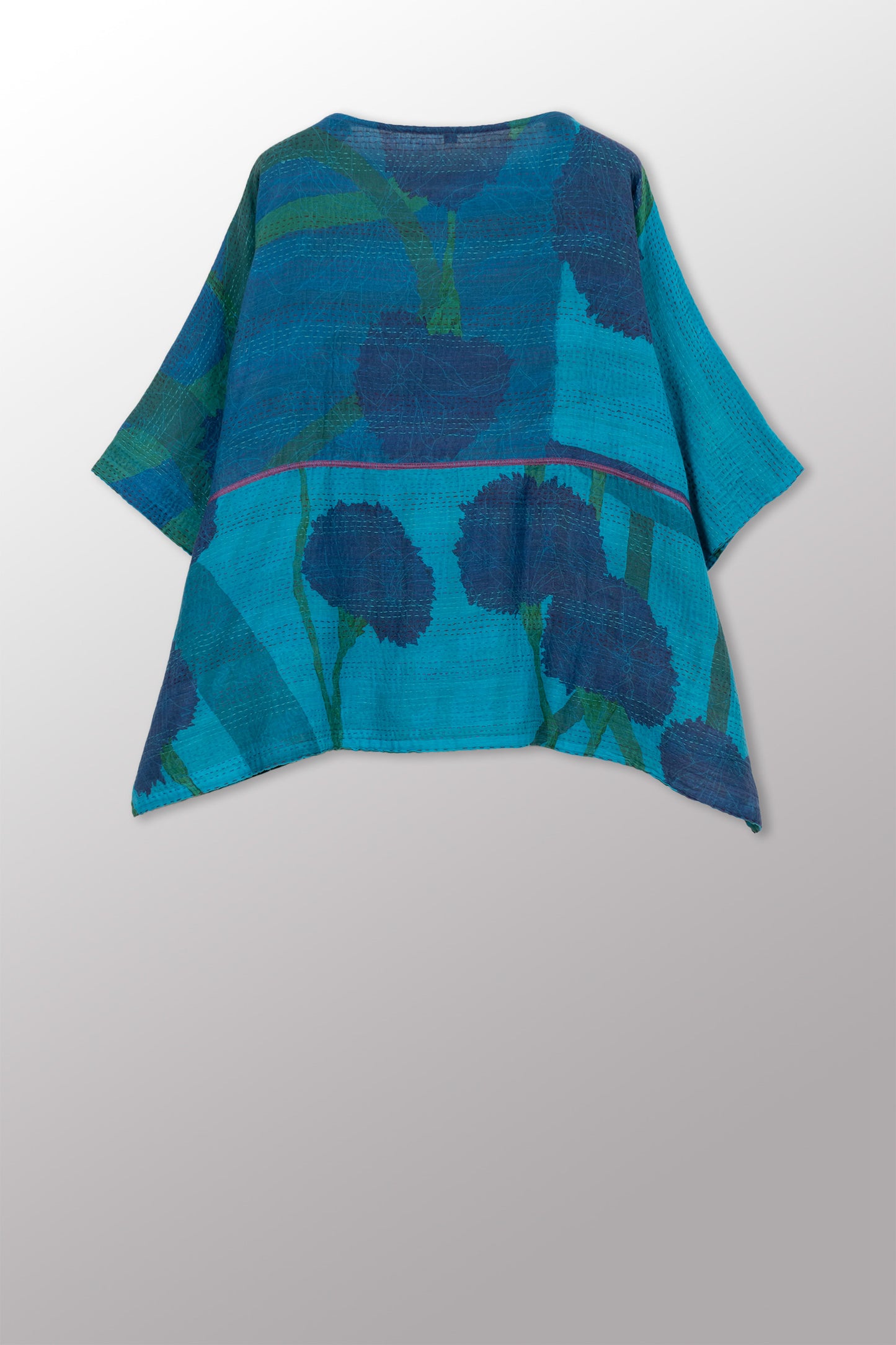 MARIGOLD PRINT WITH OVERDYE KANTHA BOAT NECK DOLMAN TOP - ov-mg2t100-tuq -