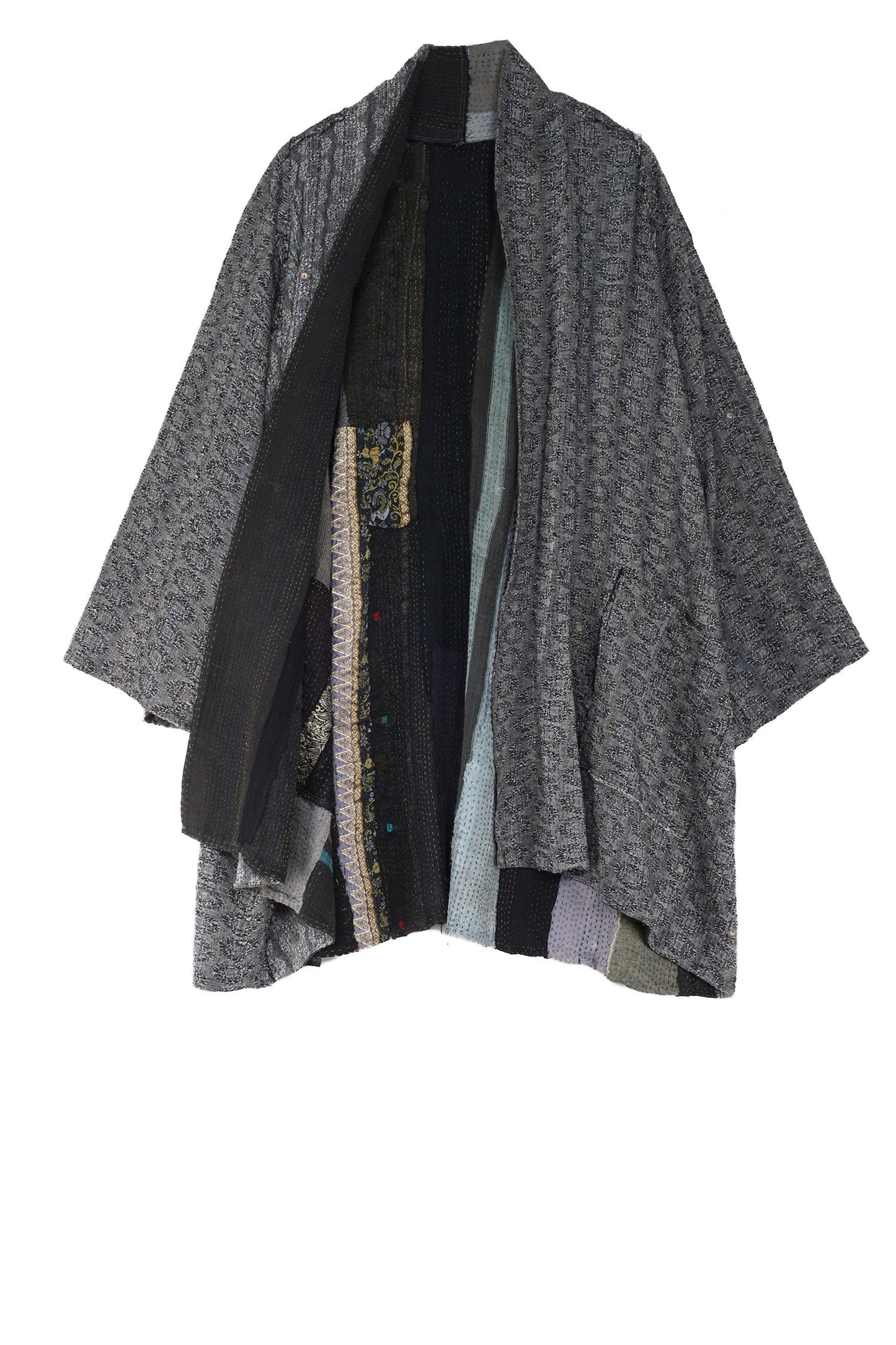 STRIPE FRAYED & HANDWOVEN KANTHA A-LINE JKT - ft2003-blk -