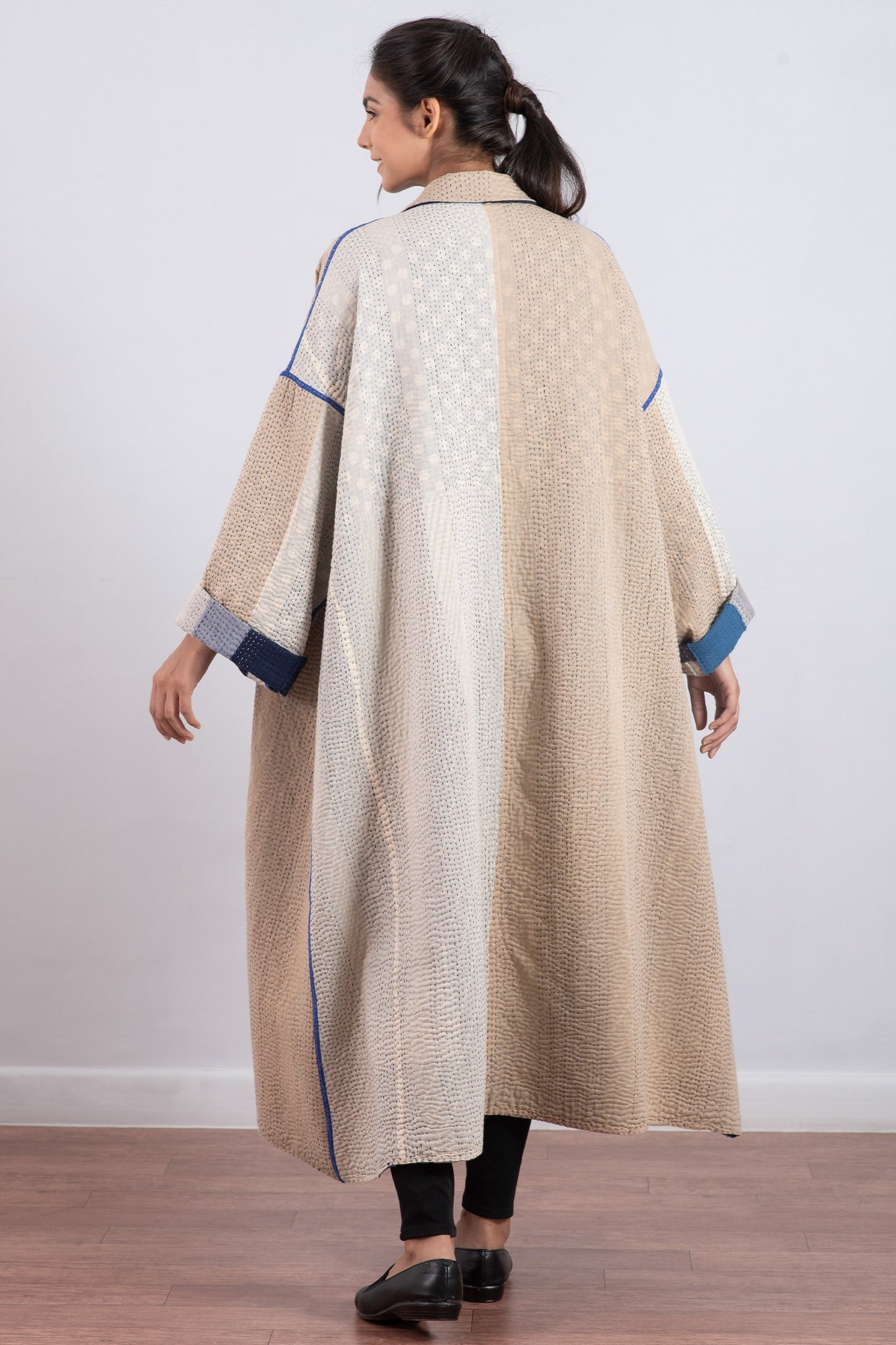 COTTON STRIPE PATCH KANTHA OVERSIZED COAT - cs4326-blu -