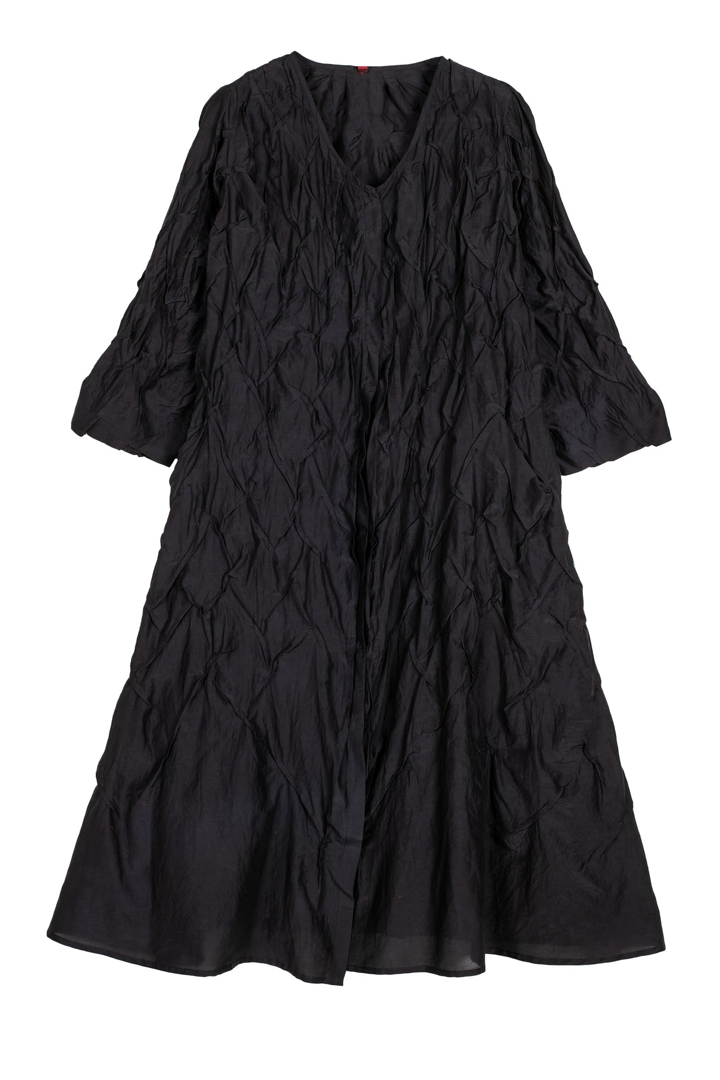 DYED COTTON SILK VOILE WAVY TUCK A-LINE DRESS - dc1453-blk -