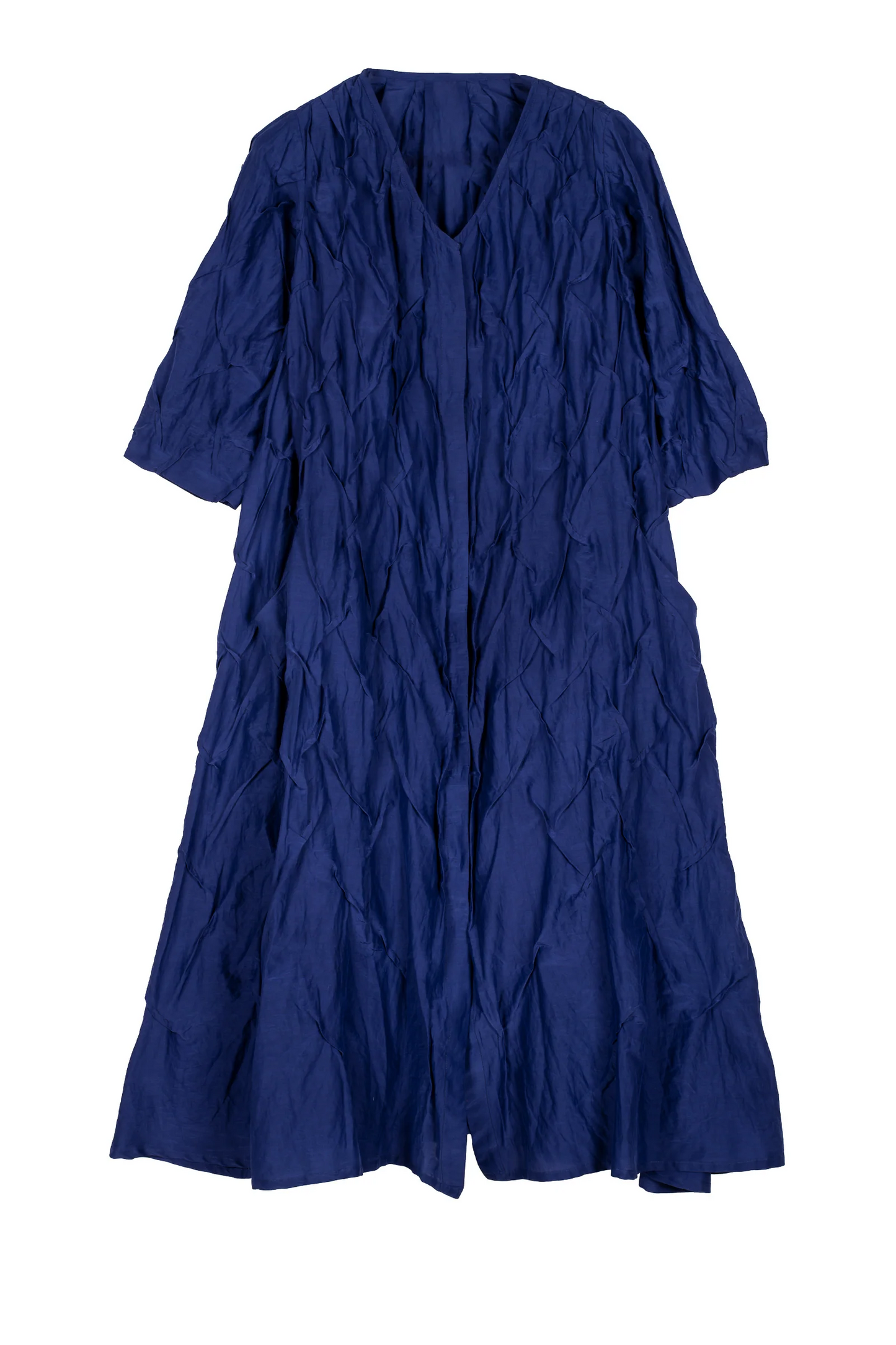 DYED COTTON SILK VOILE WAVY TUCK A-LINE DRESS - dc1453-blu -