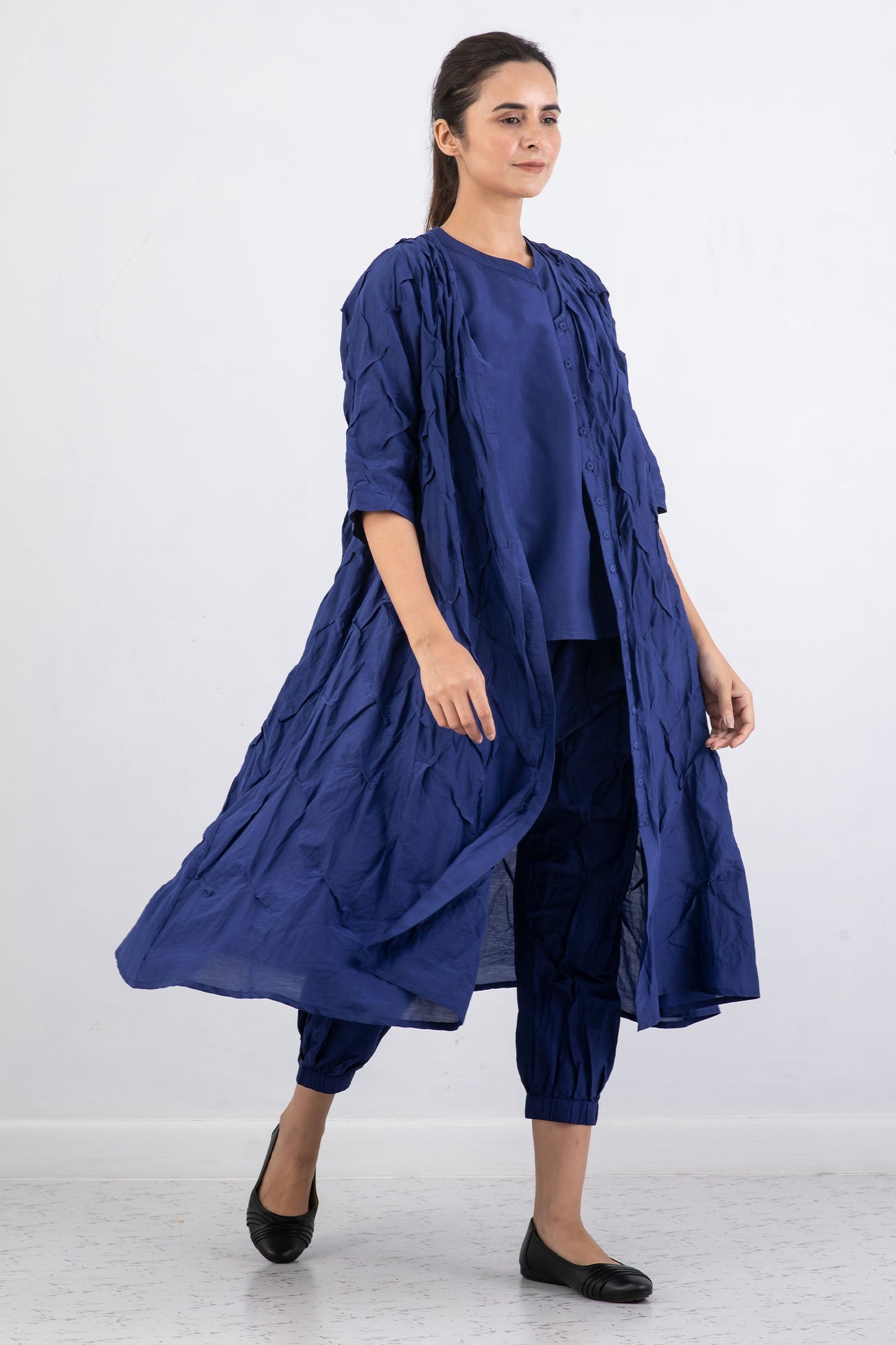 DYED COTTON SILK VOILE WAVY TUCK A-LINE DRESS - dc1453-blu -