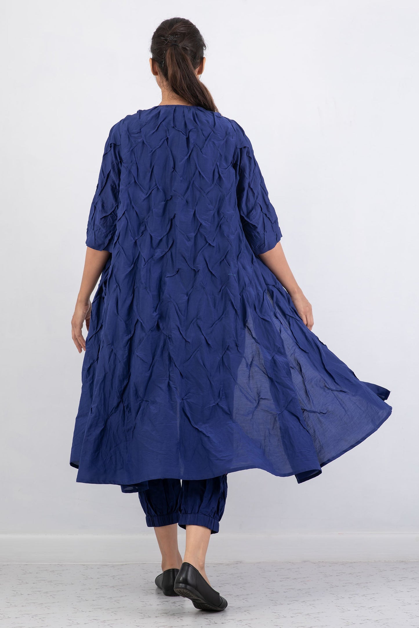 DYED COTTON SILK VOILE WAVY TUCK A-LINE DRESS - dc1453-blu -