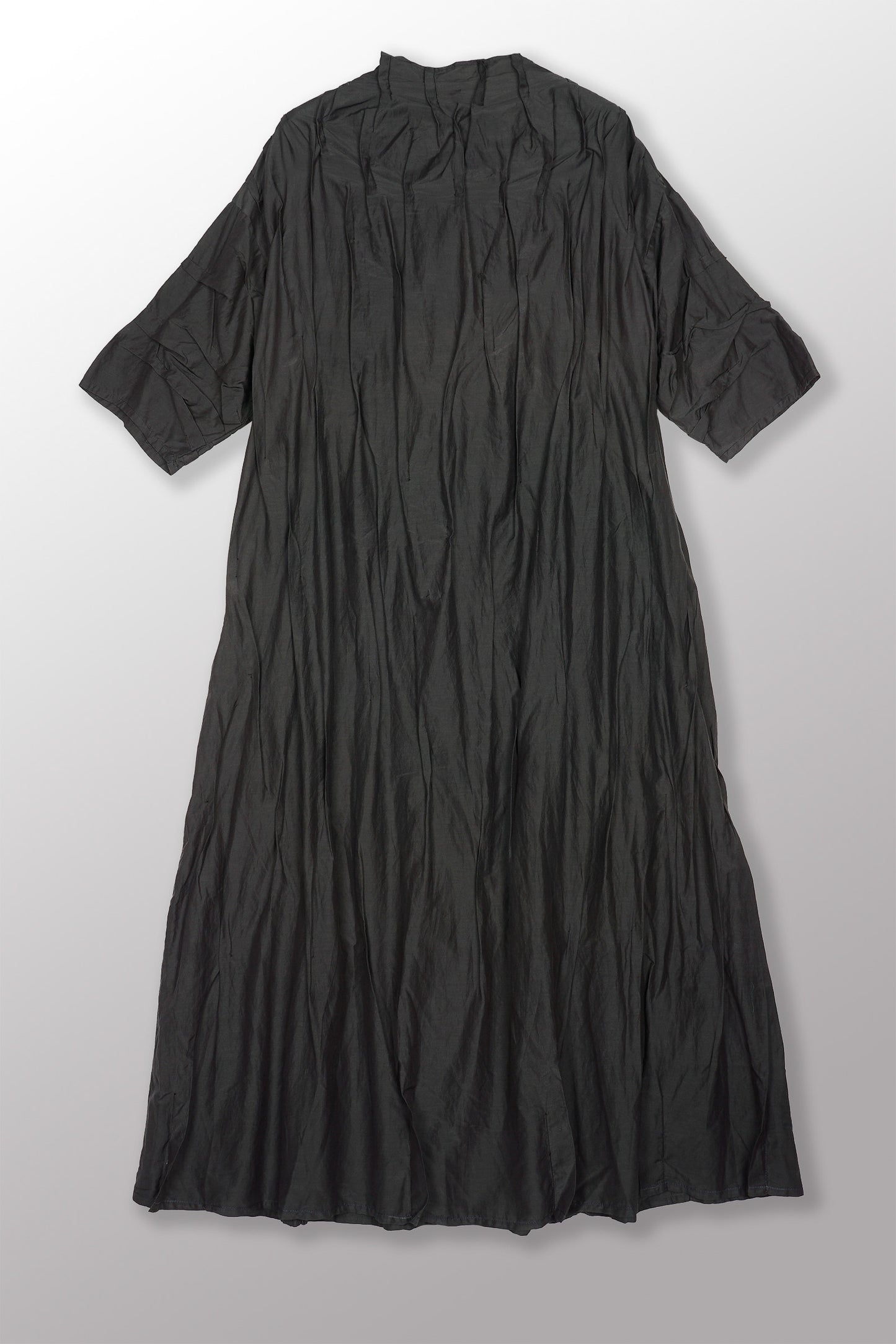 DYED COTTON SILK VOILE WAVY TUCK FUNNEL NECK DRESS - dc1455-gry -