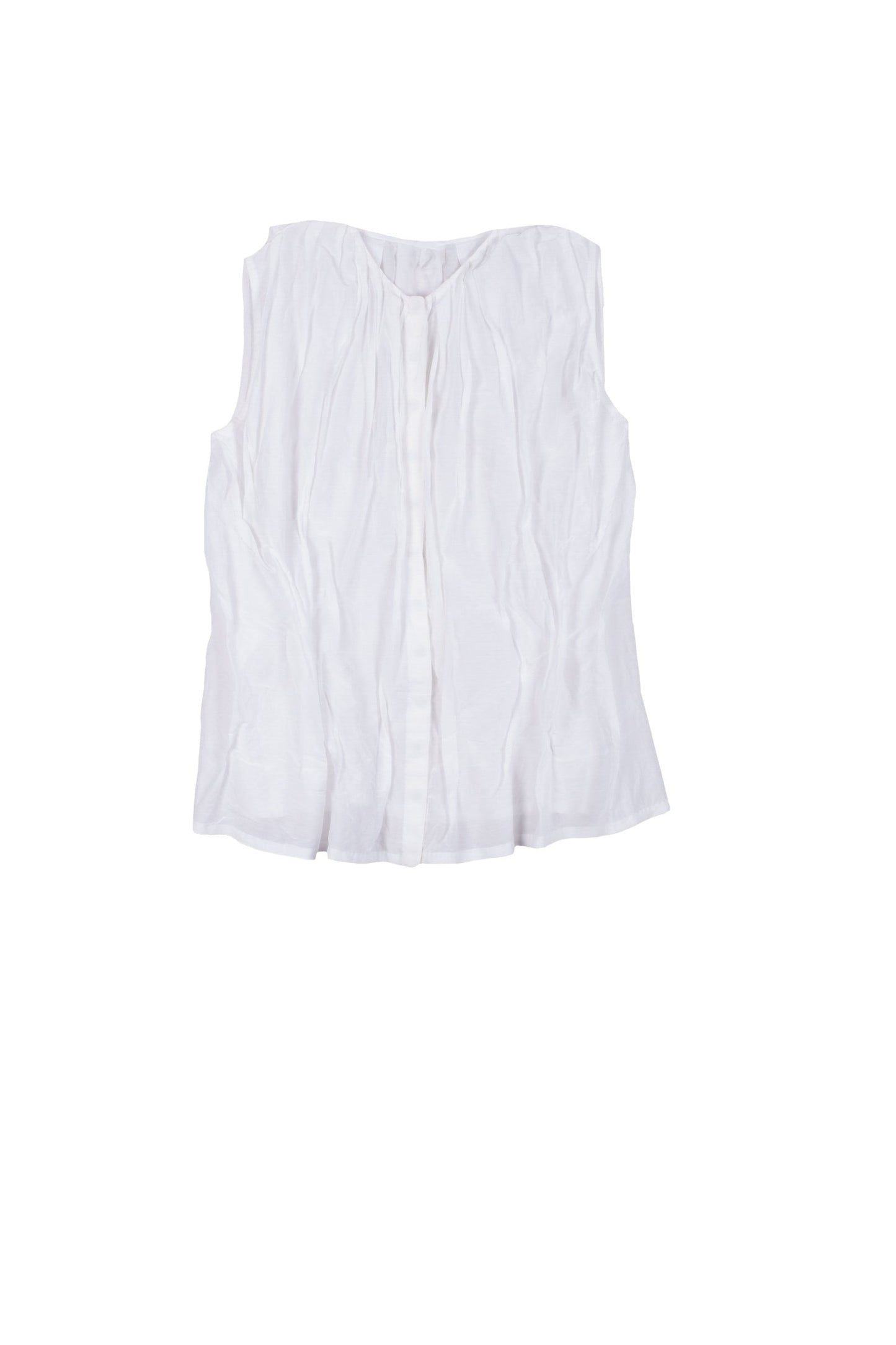 DYED COTTON SILK VOILE WAVY TUCKED SLEEVELESS BLOUSE - dc1539-wht -