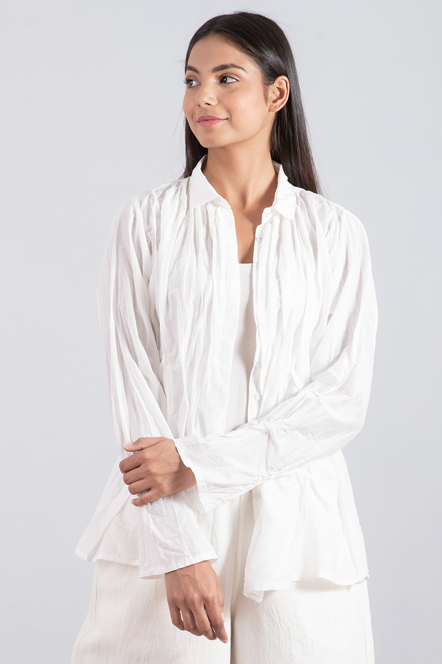 DYED COTTON SILK VOILE WAVY TUCKED SHIRT - dc1541-wht -