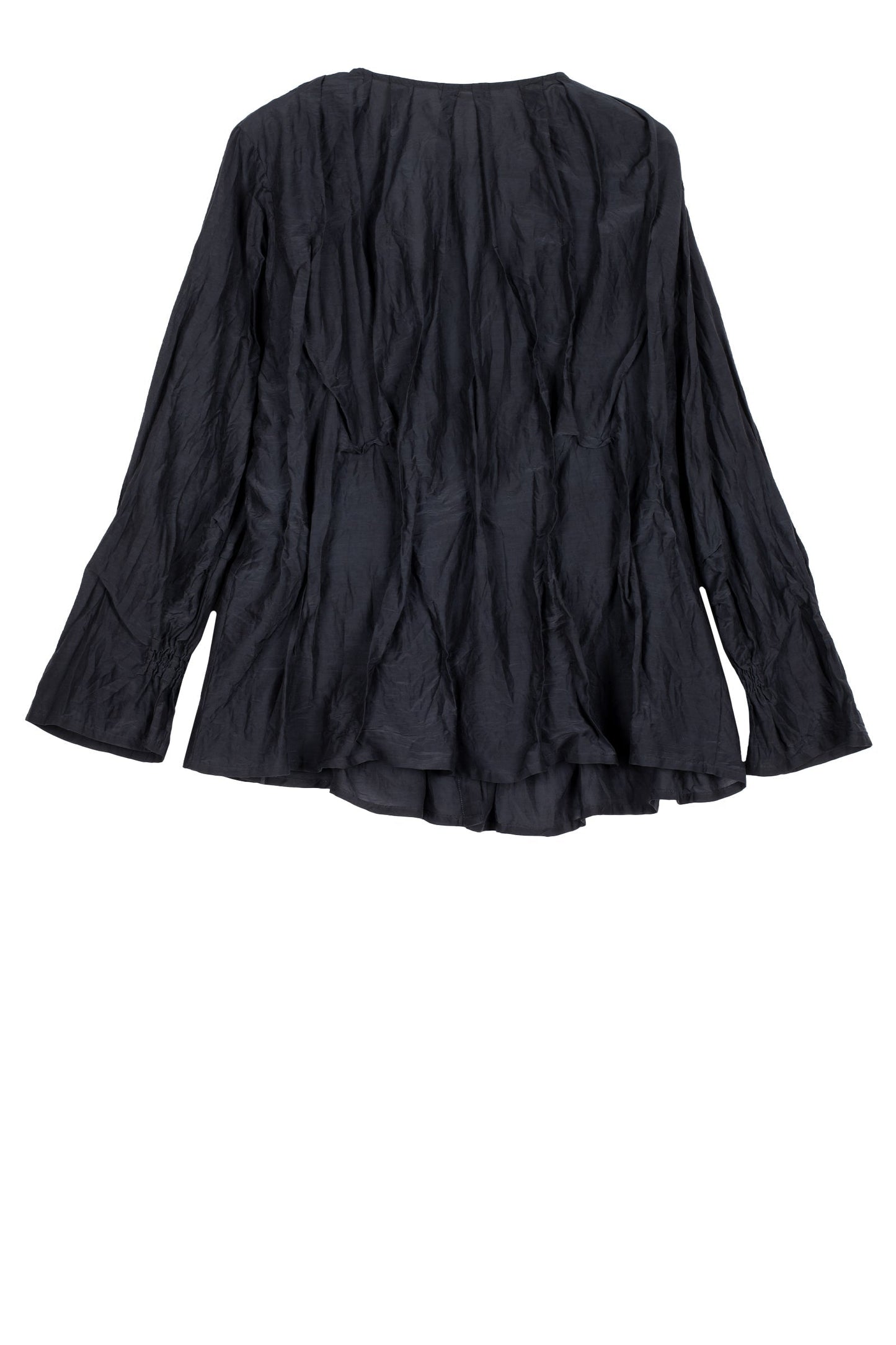 DYED COTTON SILK VOILE WAVY V-NECK TUCKED BLOUSE - dc1542-blk -