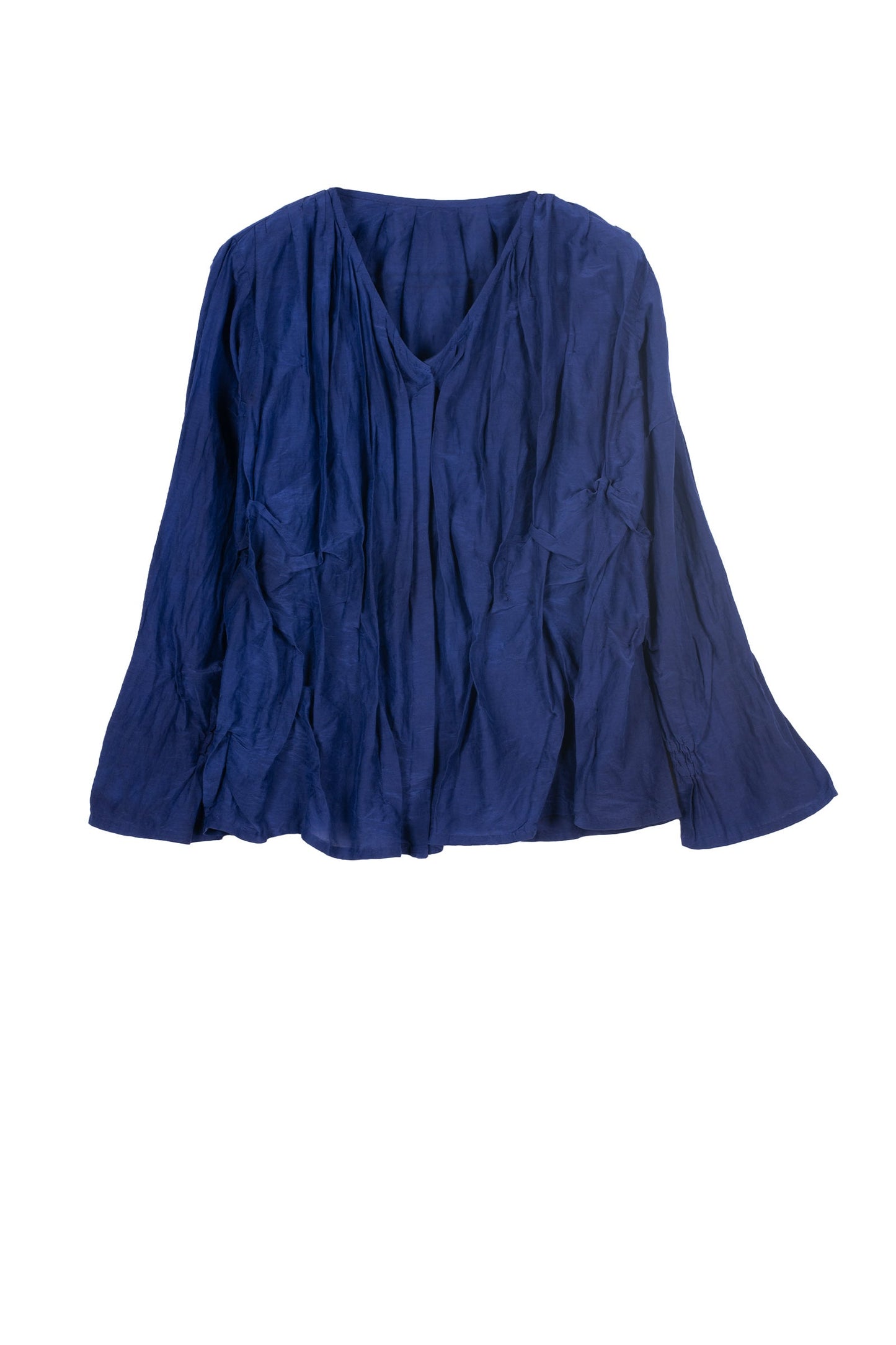 DYED COTTON SILK VOILE WAVY V-NECK TUCKED BLOUSE - dc1542-blu -