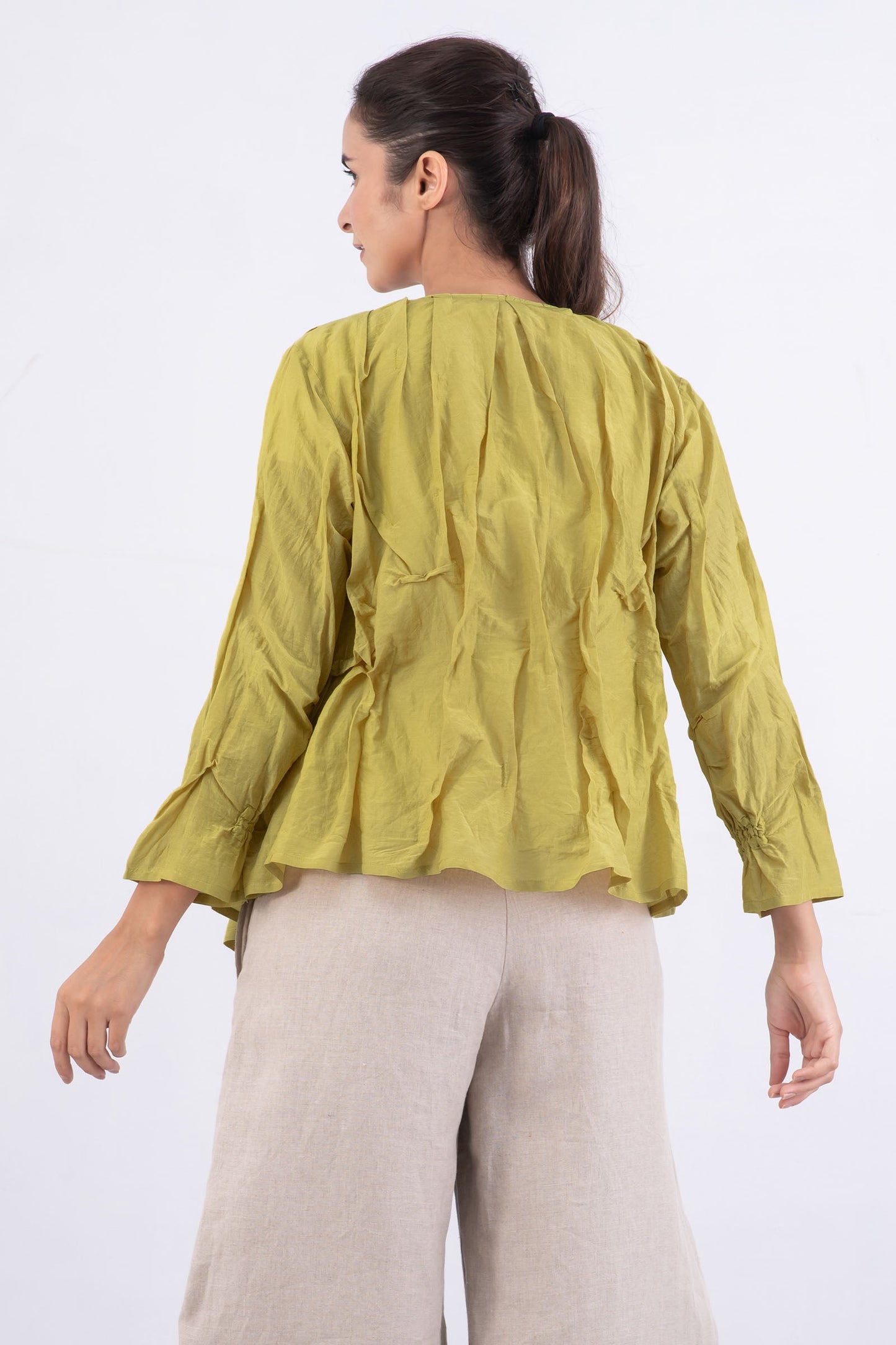 DYED COTTON SILK VOILE WAVY V-NECK TUCKED BLOUSE - dc1542-cha -