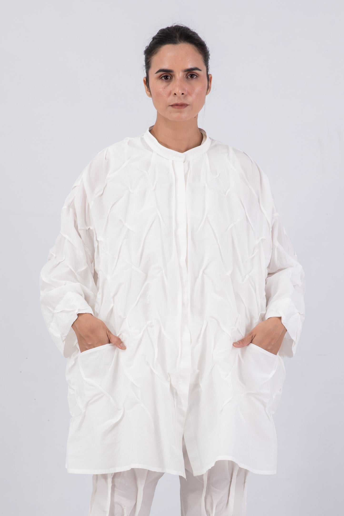 DYED COTTON SILK VOILE WAVY TUCK OVERSIZED SHIRT - dc1555-wht -