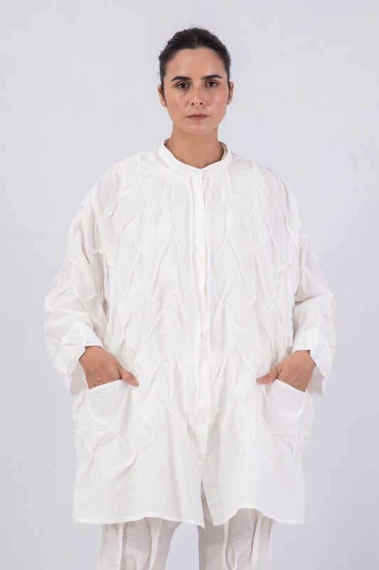 DYED COTTON SILK VOILE WAVY TUCK OVERSIZED SHIRT - dc1555-wht -