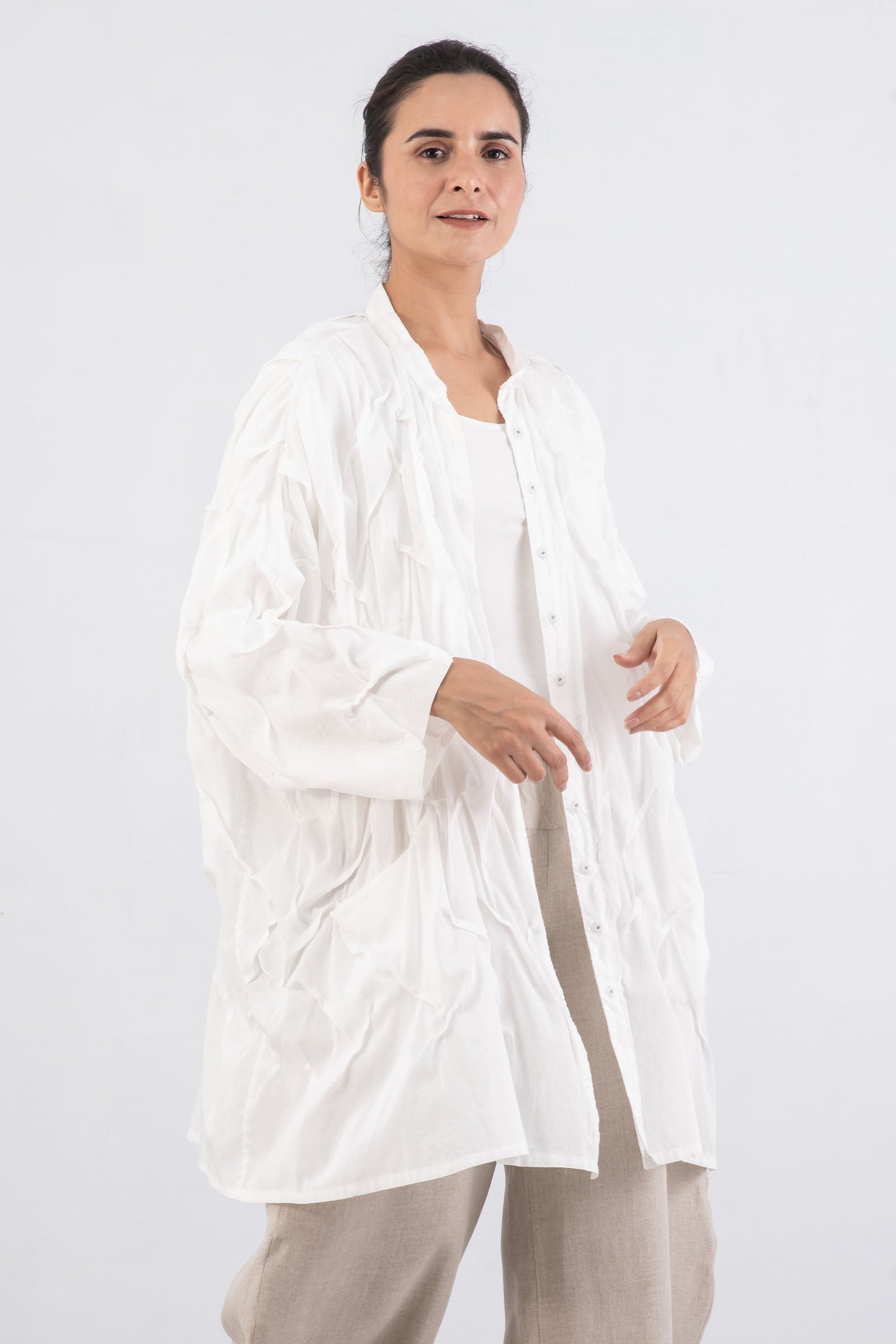 DYED COTTON SILK VOILE WAVY TUCK OVERSIZED SHIRT - dc1555-wht -