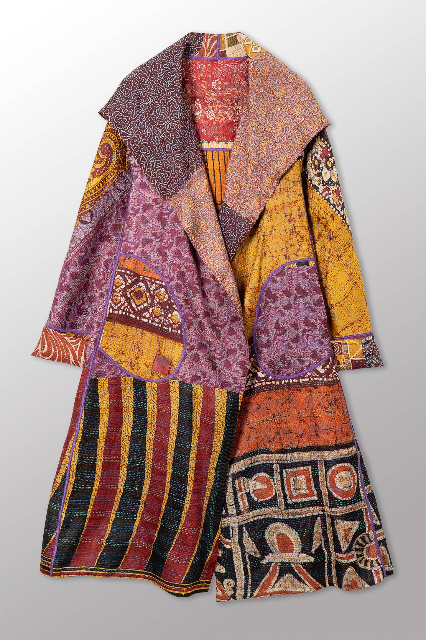 VINTAGE SILK KANTHA HOODED A-LINE LONG COAT - sv2306-0004a -