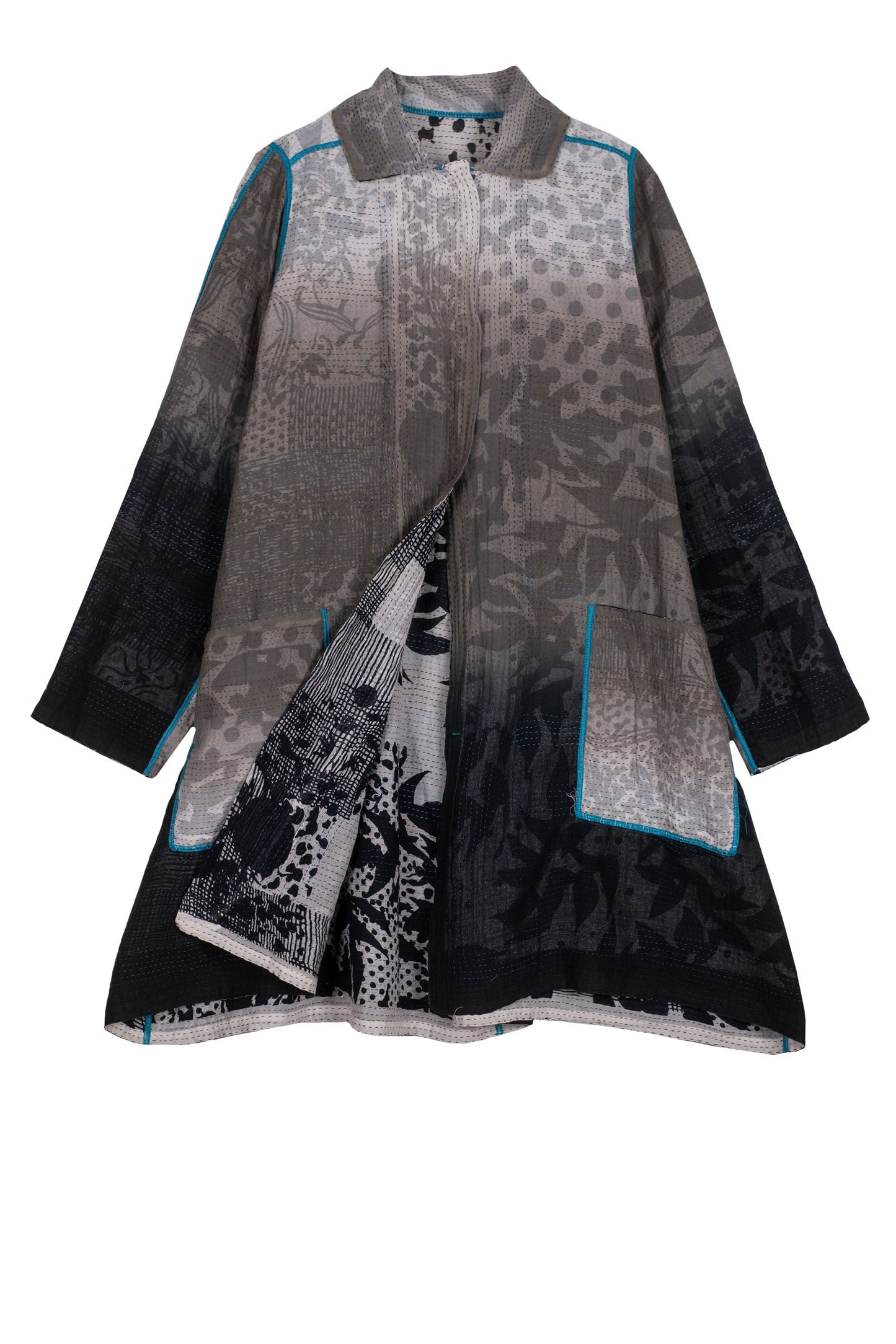 MONOTONE TWILIGHT PRINT KANTHA A-LINE DUSTER - tp2311-wht -