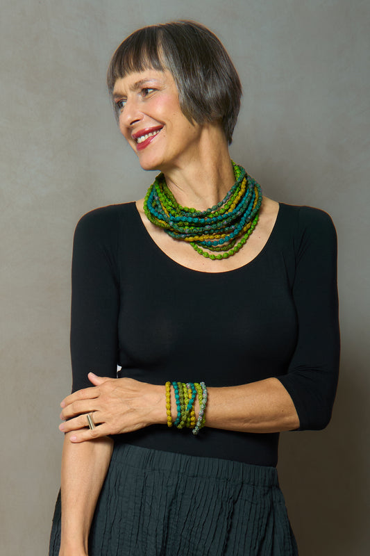 VINTAGE SILK KANTHA 5 STRAND NECKLACE - sv2730-grn -