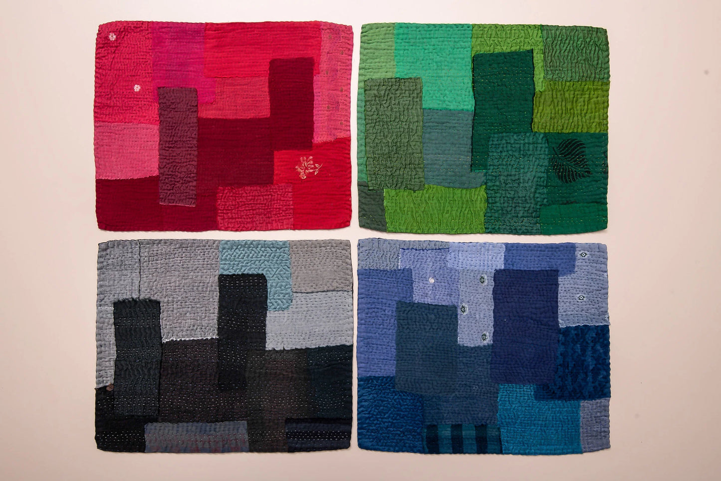 Landscape Fray Patch Vintage Kantha Placemat - Green (Set of 2)