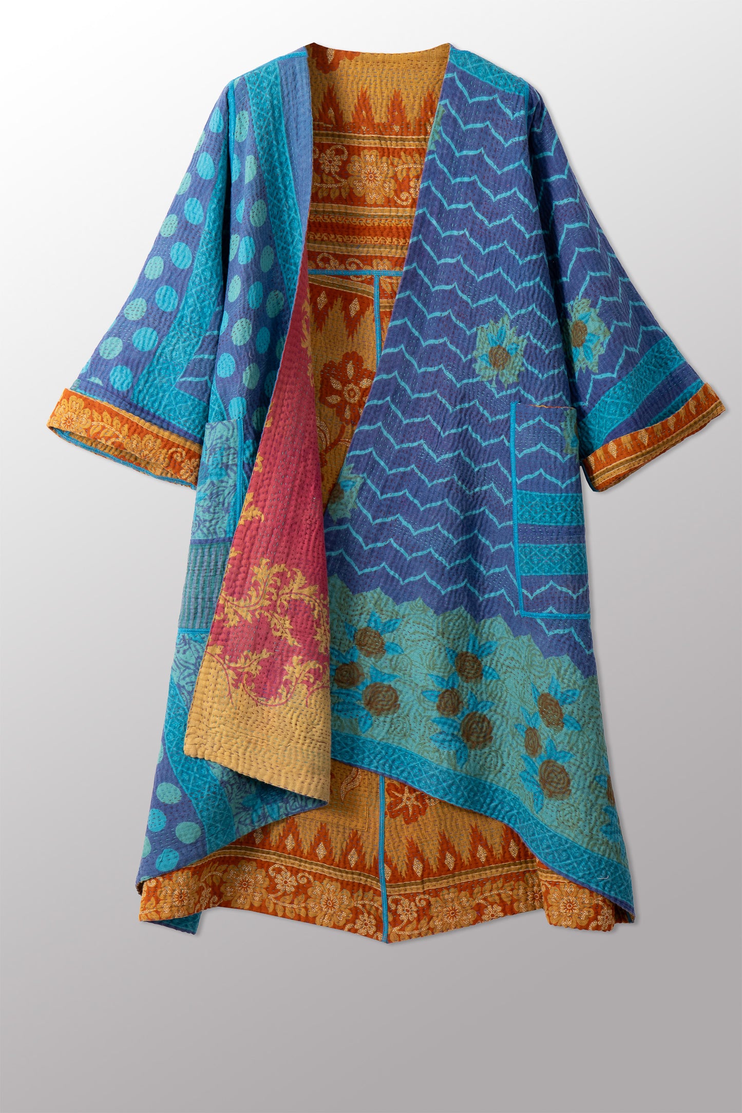 VINTAGE COTTON KANTHA WRAP FLARE COAT - cv4330-0024a -