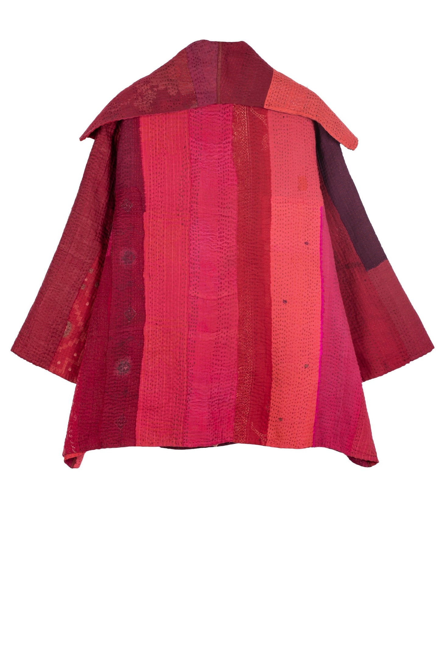 STRIPE AND CHECK COTTON SILK PATCH KANTHA  FLARE JACKET - ss4010-red -