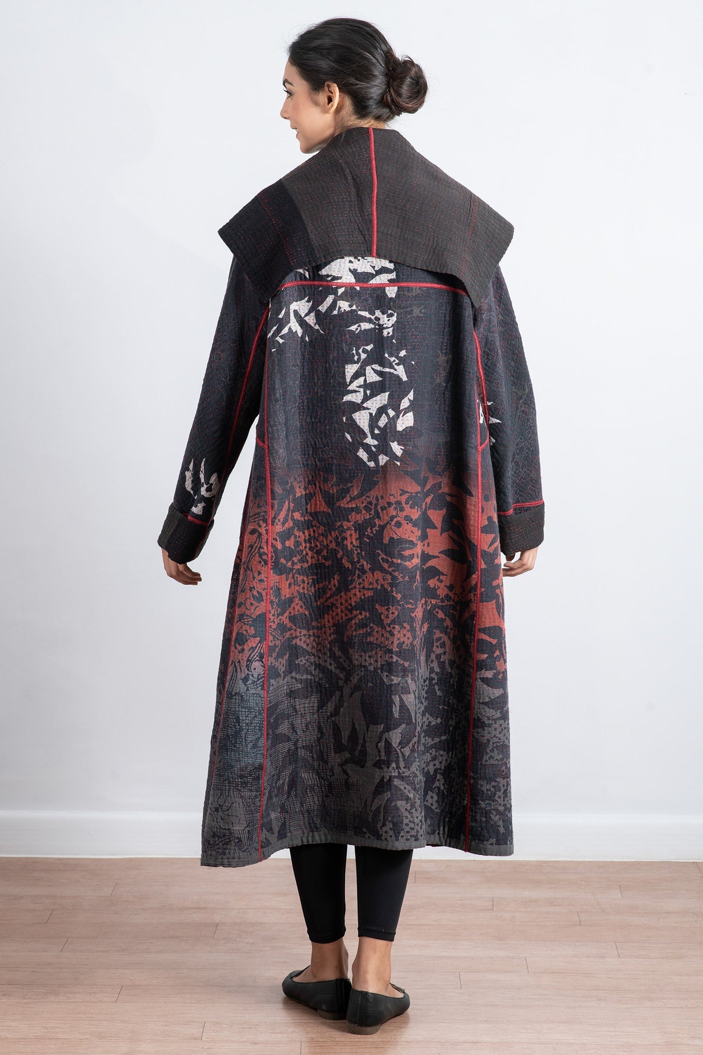 MONOTONE TWILIGHT PRINT KANTHA A-LINE LONG COAT - tp4302-red -