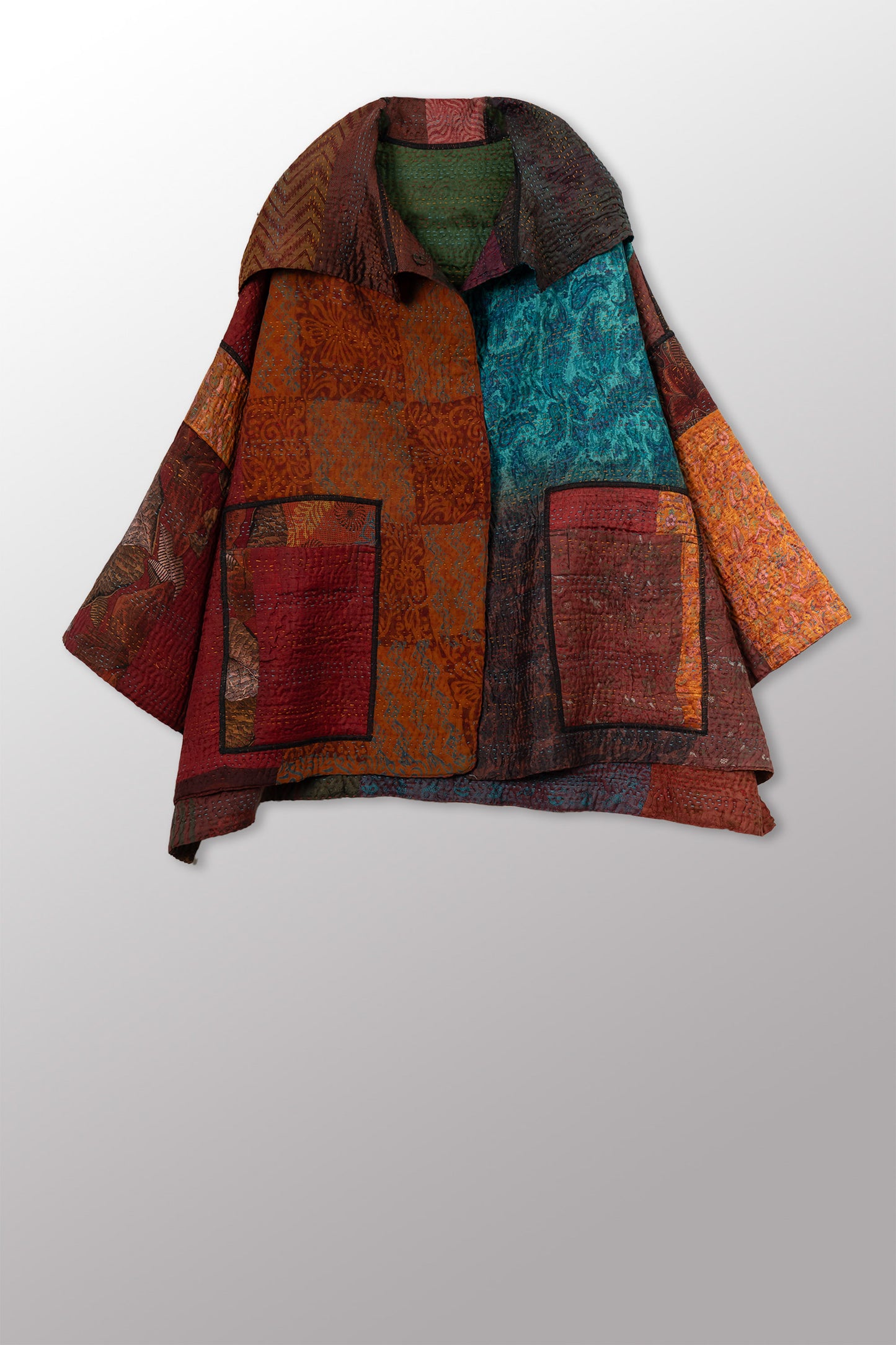 JACQUARD SILK KANTHA HOODIE PONCHO - js4064-cbrn002a -