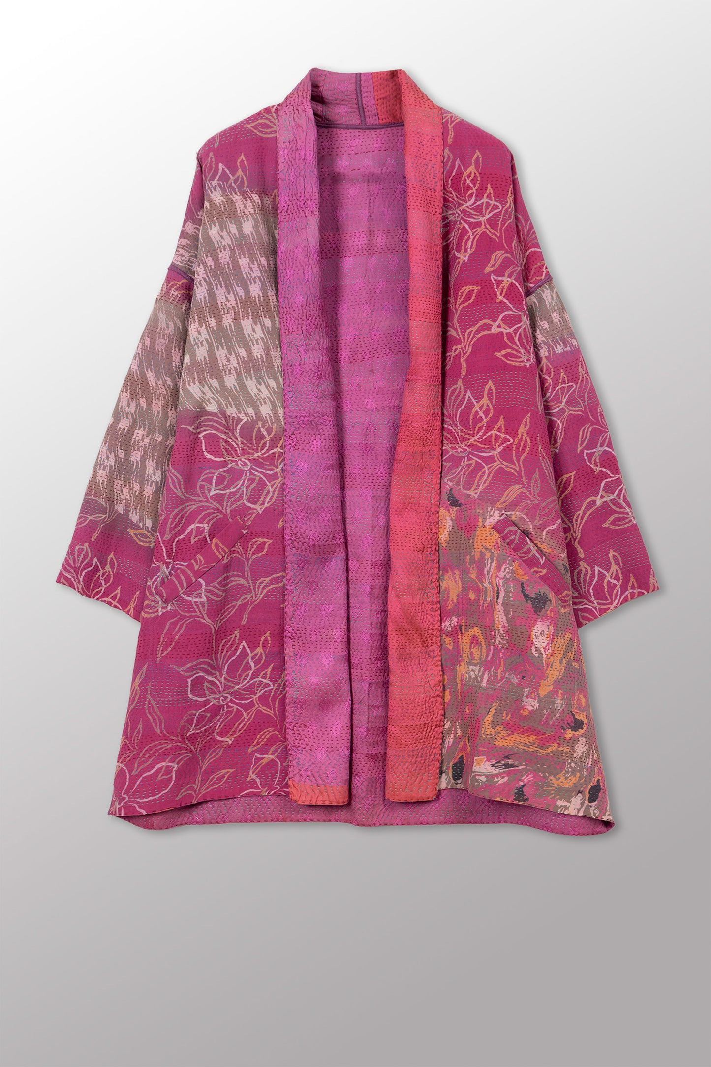 GEORGETTE JACQUARD VINTAGE SILK PATCH KANTHA HAORI JACKET - gj2068-0003a -