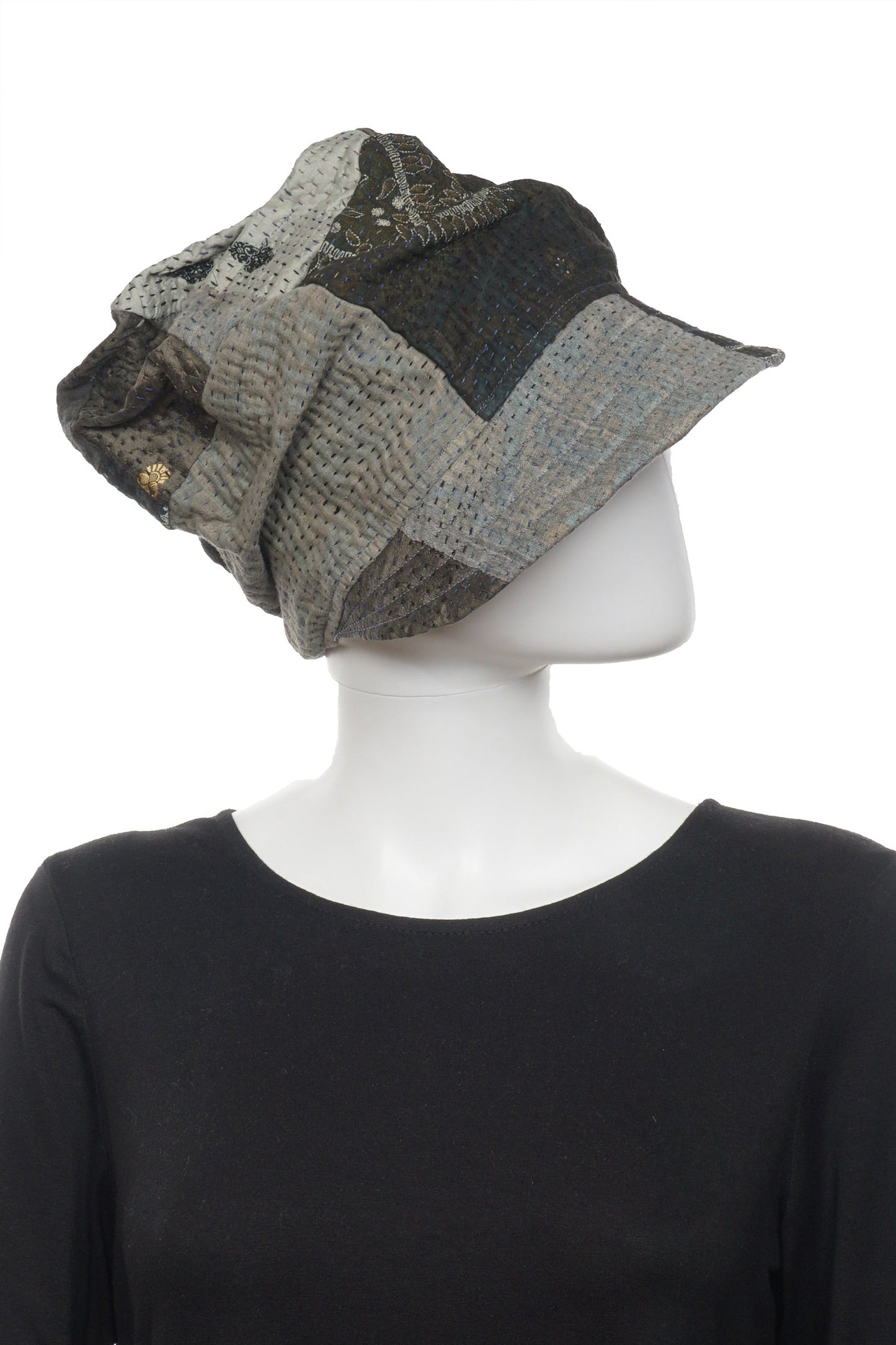 FRAYED PATCH KANTHA HALF BRIM HAT - fi4881-gry -