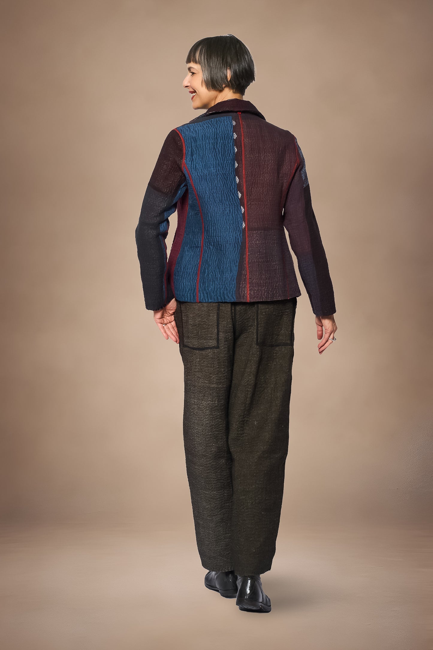 AJRAKH PRINT AND SILK COTTON PATCH KANTHA SHAPED JACKET - az4j109-brn -