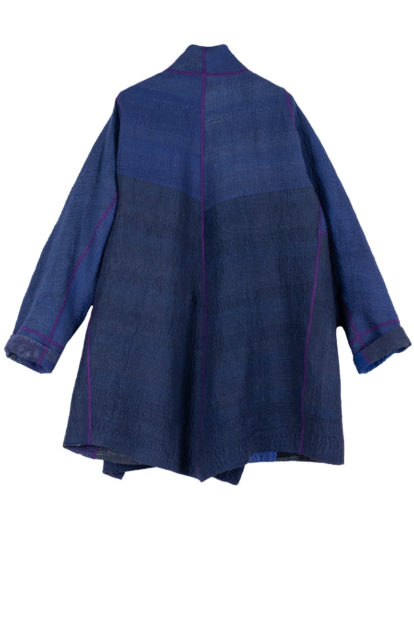 COTTON SILK SW PATCH KANTHA FUNNEL COLLAR COAT - ws4312-blu -