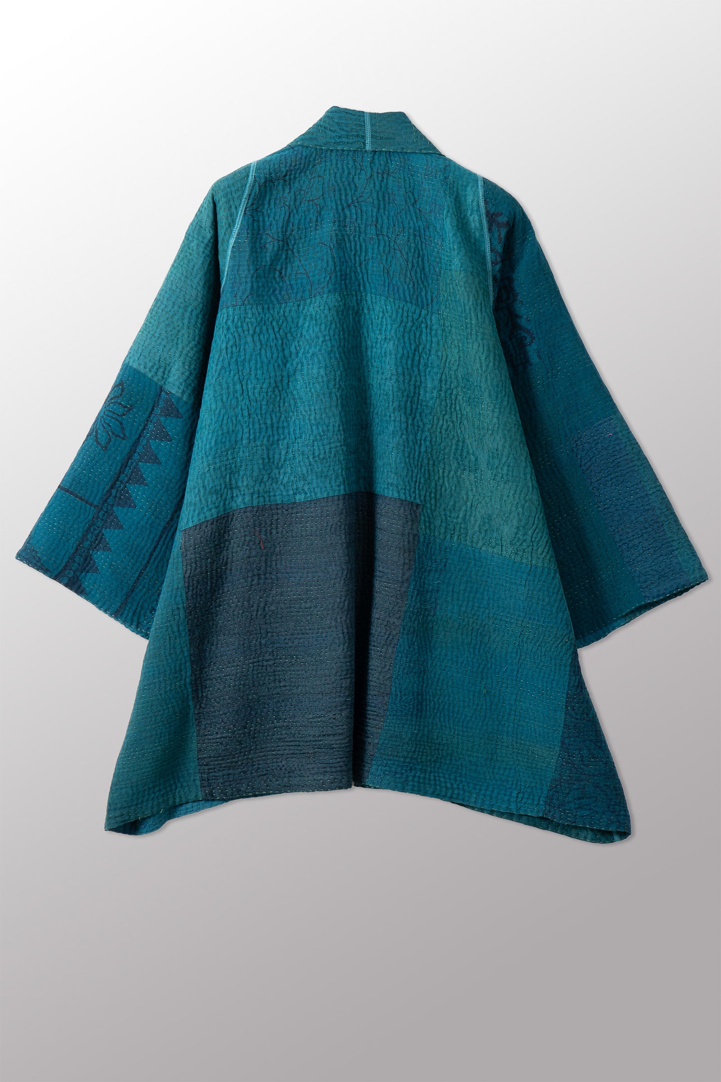 GEORGETTE JACQUARD VINTAGE SILK PATCH KANTHA A-LINE JACKET - gj4003-grn -