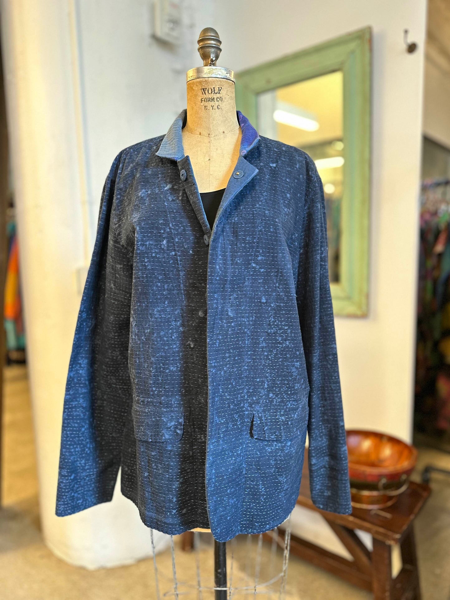 DUCK SUN DYE WITH PATCH KANTHA SIMPLE MEN'S JACKET - us2072-nvy -