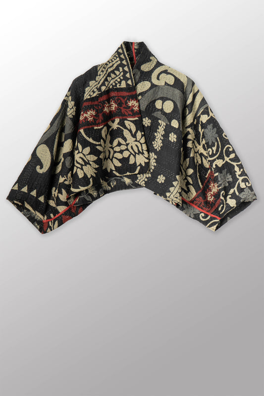 BLACK AND WHITE PRINT PATCH KANTHA PUFF SLV. SHRUG - pn4062-red -