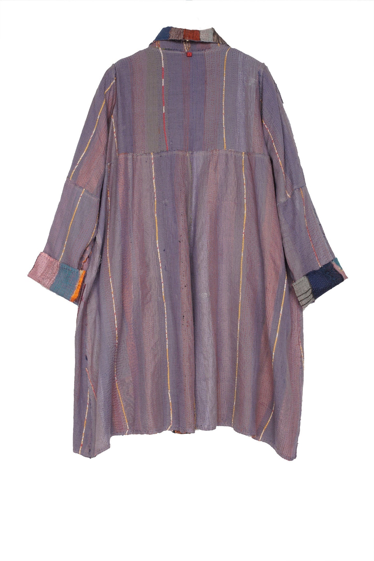 STRIPE FRAYED & HANDWOVEN KANTHA A-LINE DUSTER - ft2311-ntl -