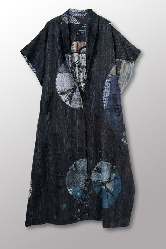 TIE DYE CIRCLE SHIBORI KANTHA PONCHO DRESS - td2443-blk -