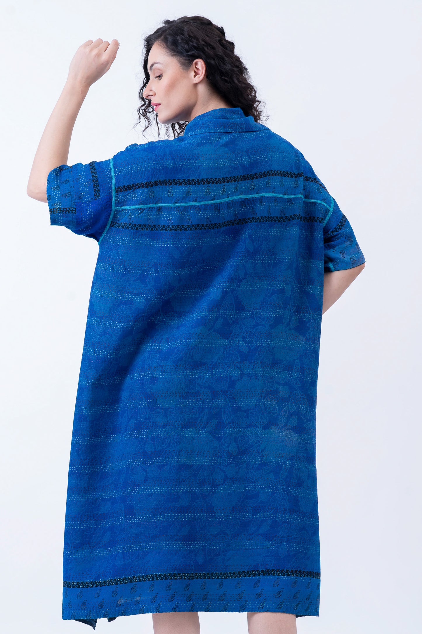 VINTAGE SILK GEORGETTE COTTON KANTHA WING COLLAR DRESS - gc2454-0001a -