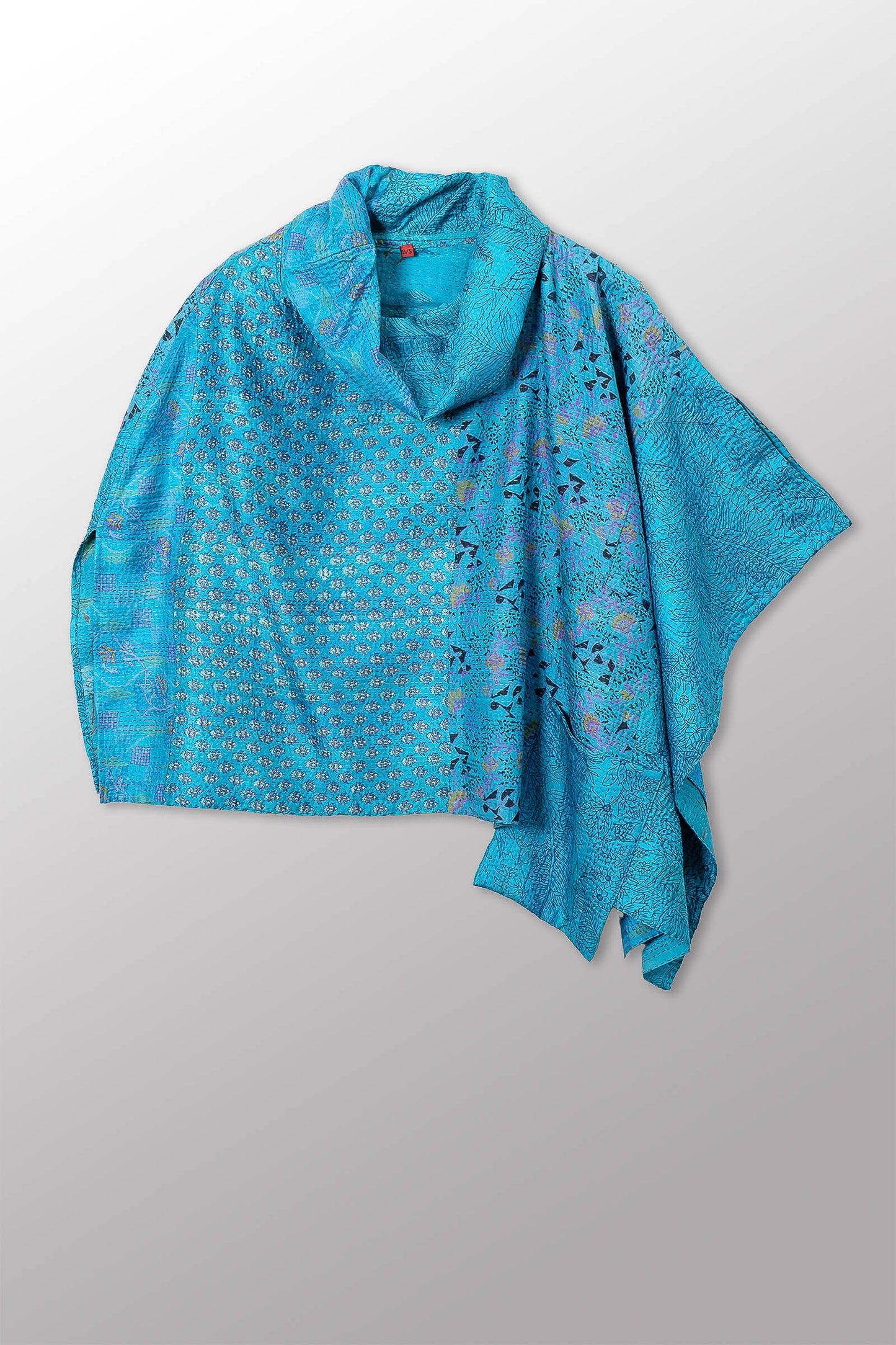 VINTAGE SILK KANTHA COWL NECK LONG CAPE - sv2842-0005a -