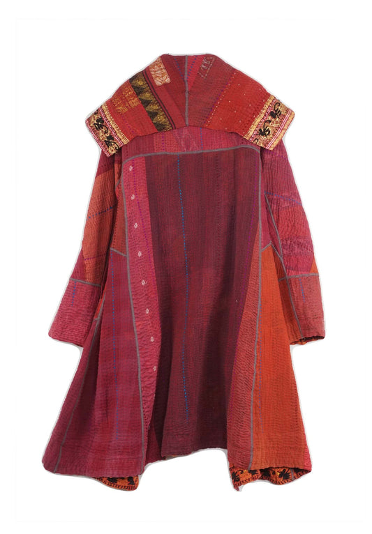 STRIPE RALLIS KANTHA A-LINE COAT - pr4309-red -