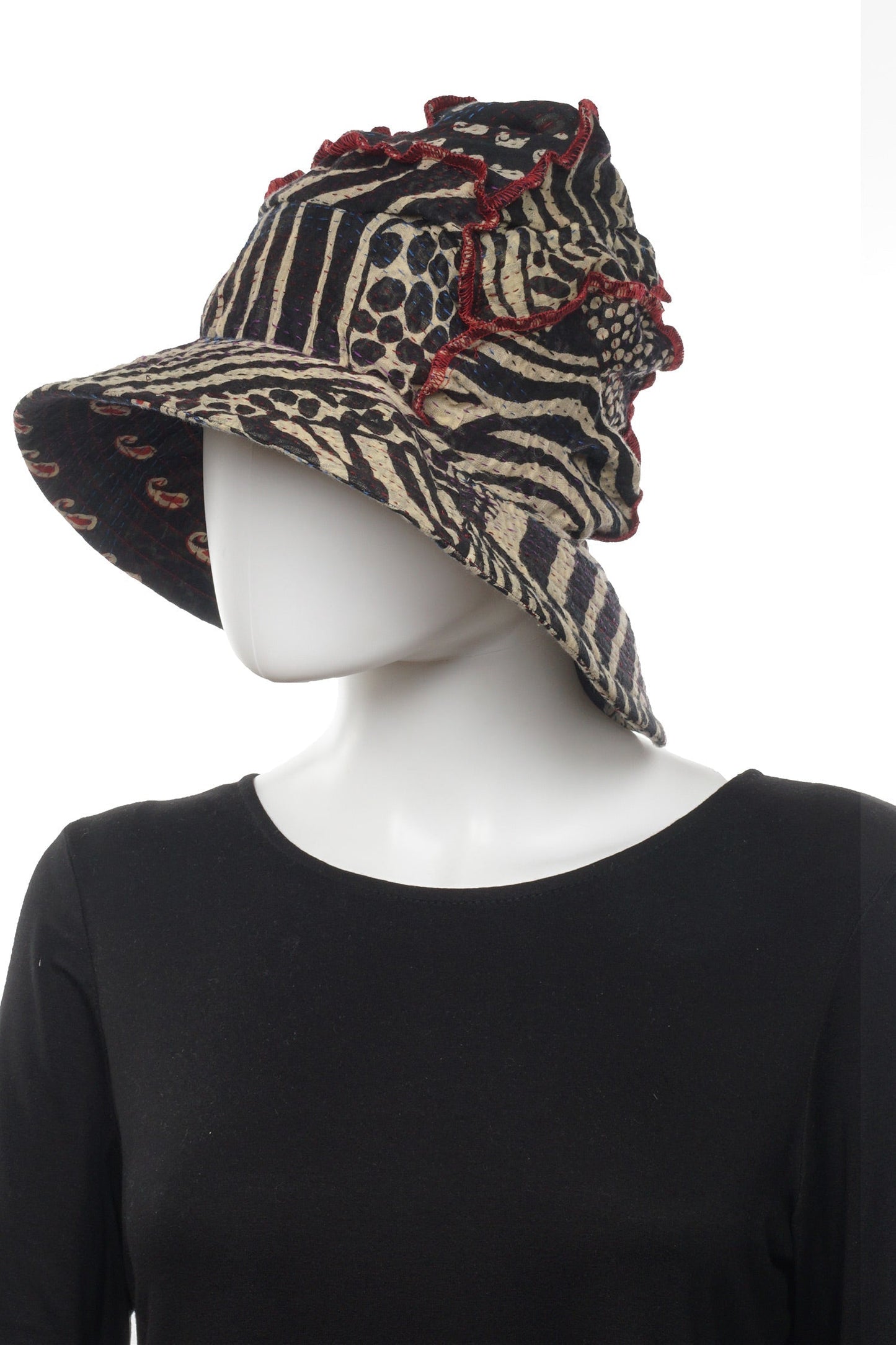 PATCHED PRINT KANTHA FULL BRIM HAT - pp2889-blk -