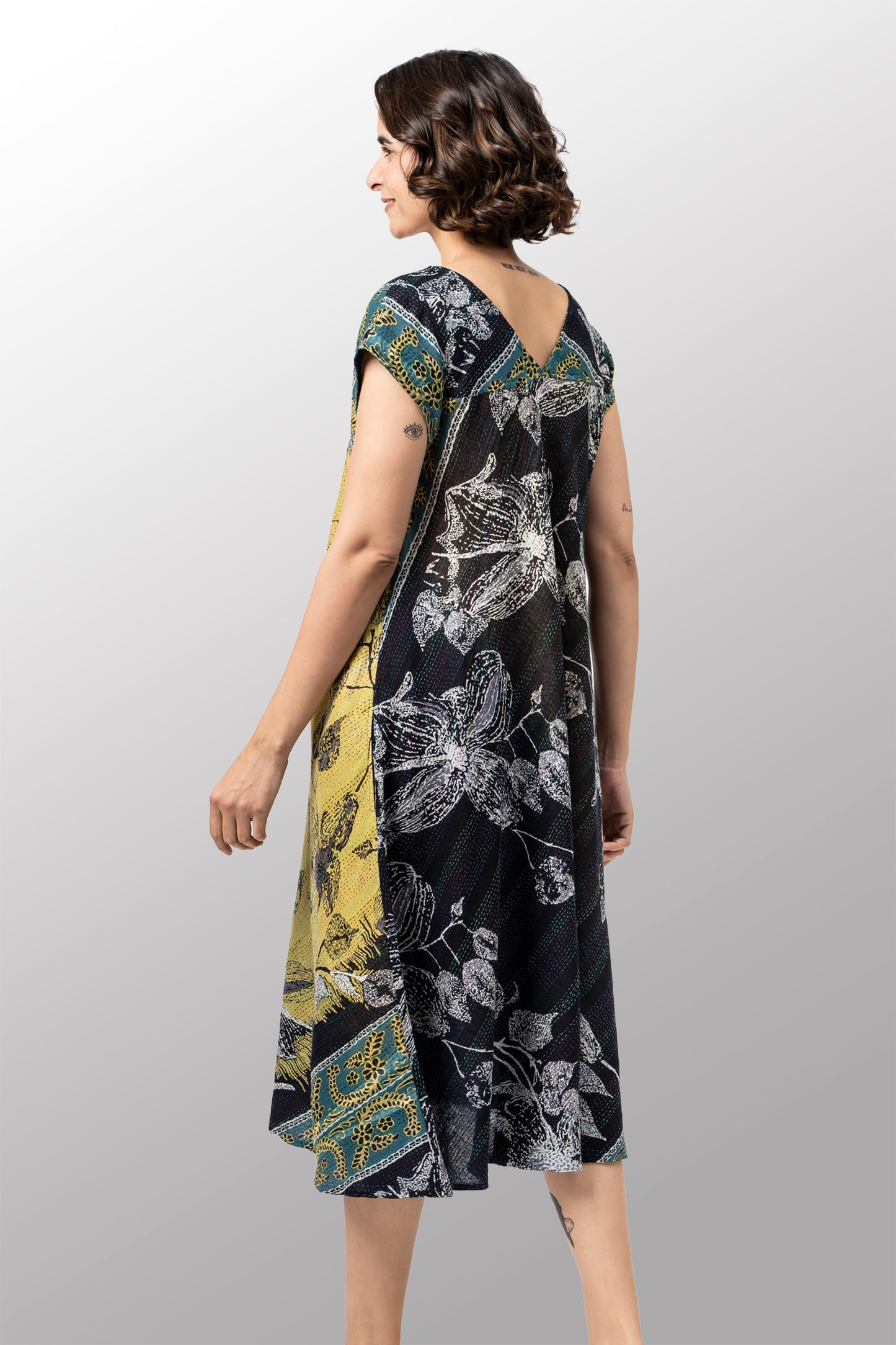 ORGANIC LEAVES KANTHA CAP SLV. FLARE DRESS - ol2425-blk -