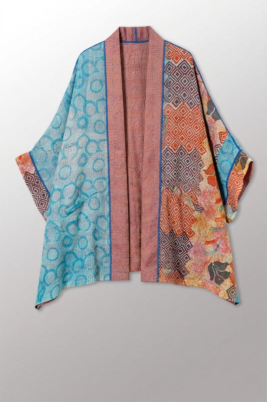 GEORGETTE JACQUARD VINTAGE SILK PATCH KANTHA DOUBLE COLLAR PONCHO - gj2323-0003a -