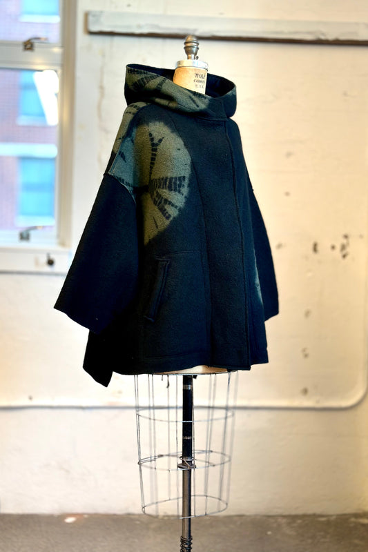 CIRCLE TIE DYE BOILED WOOL NEW HOODIE PONCHO - tw1359-blk -