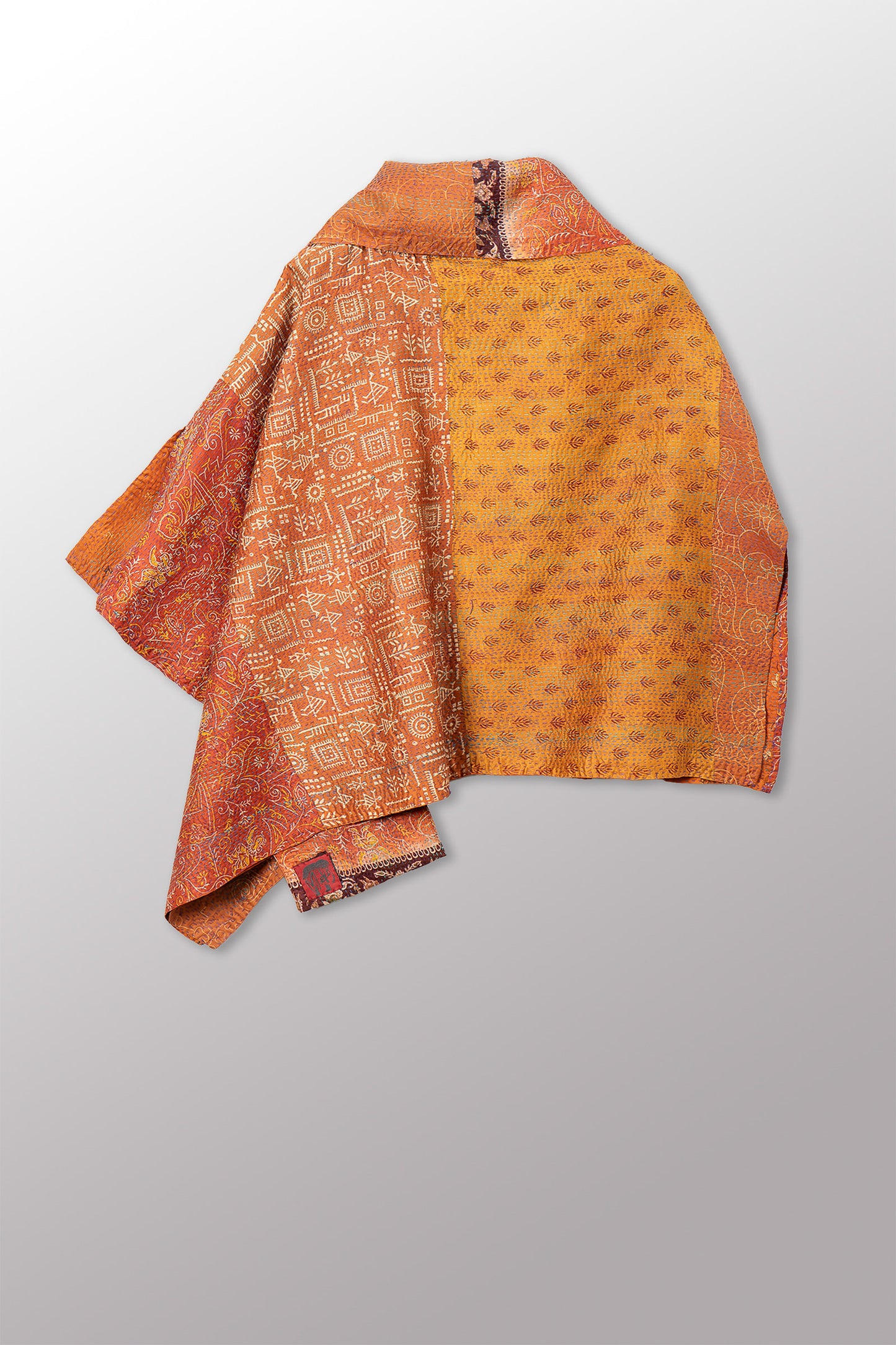VINTAGE SILK KANTHA COWL NECK LONG CAPE - sv2842-0015a -