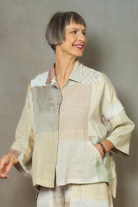 MOSAIC FRAY PATCH KANTHA CROPPED TENT SHIRT - zb2596-ivy -