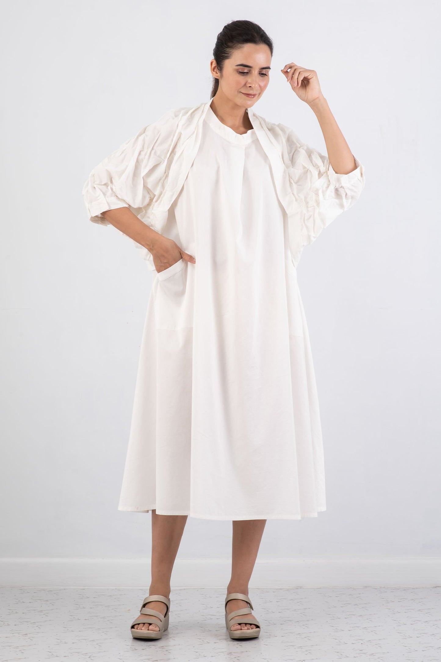 DYED COTTON SILK HEAVY VOILE WAVY TUCK SHRUG - dh1067-wht -