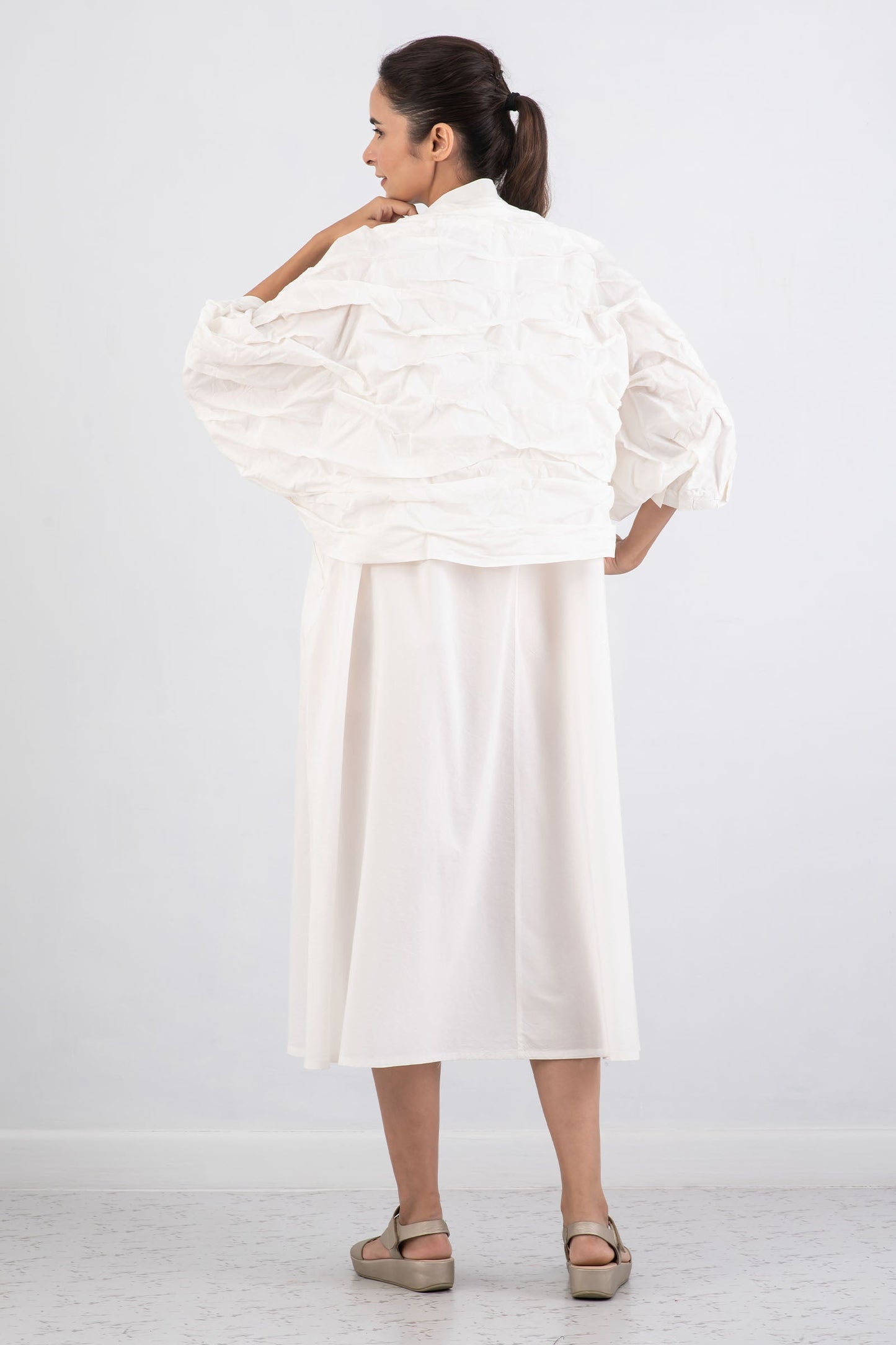 DYED COTTON SILK HEAVY VOILE WAVY TUCK SHRUG - dh1067-wht -