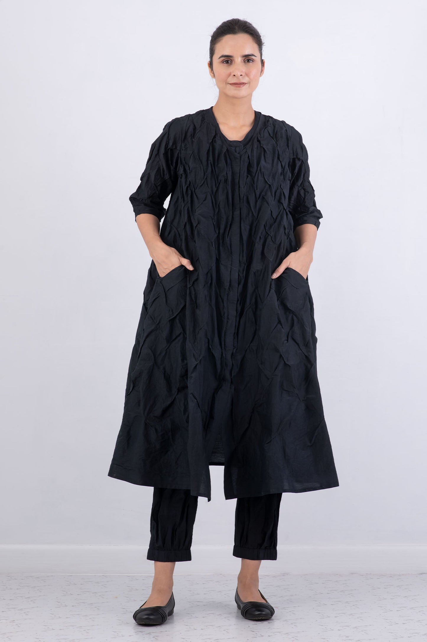 DYED COTTON SILK HEAVY VOILE WAVY TUCK A-LINE DRESS - dh1453-blk -