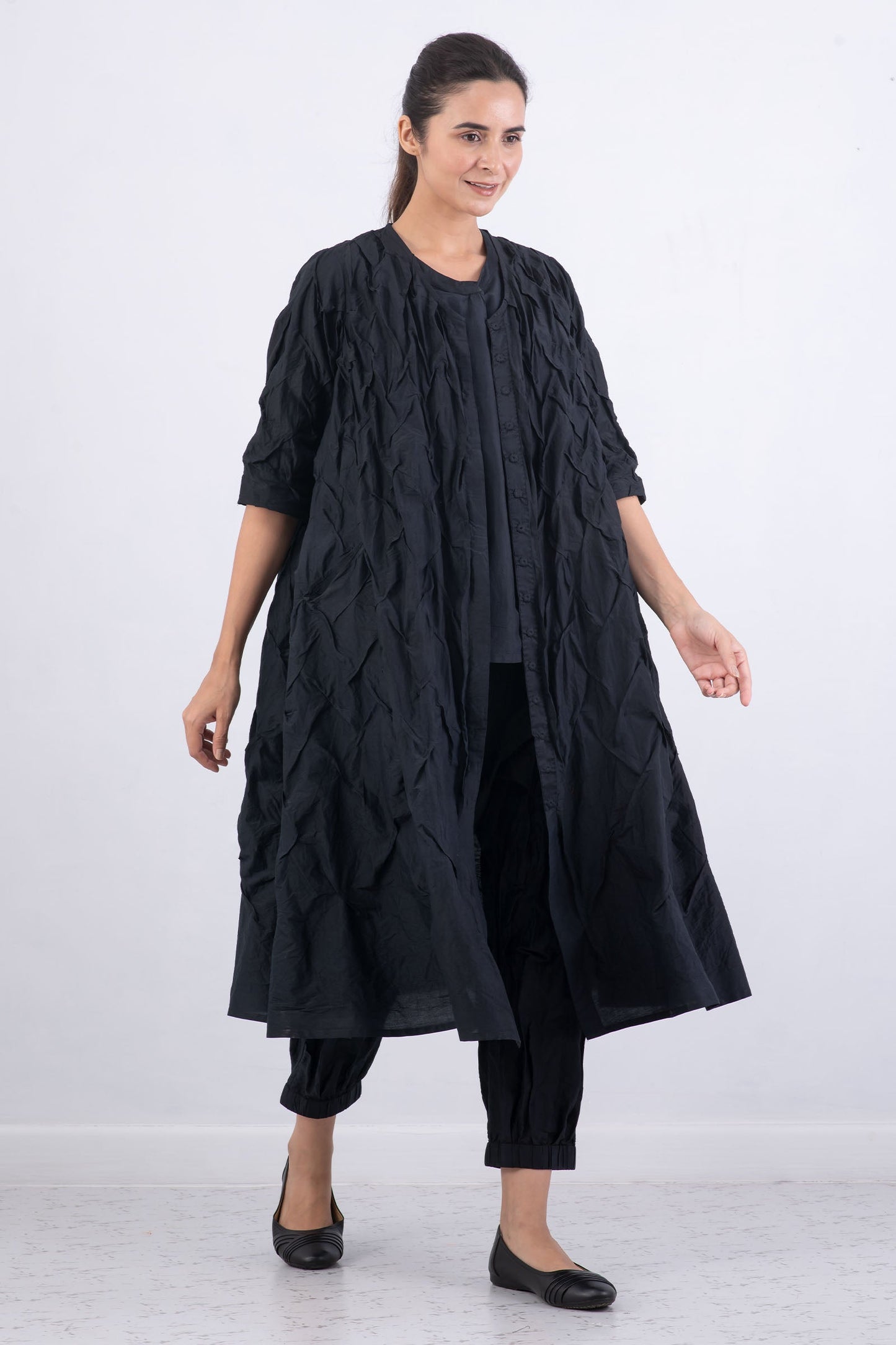 DYED COTTON SILK HEAVY VOILE WAVY TUCK A-LINE DRESS - dh1453-blk -