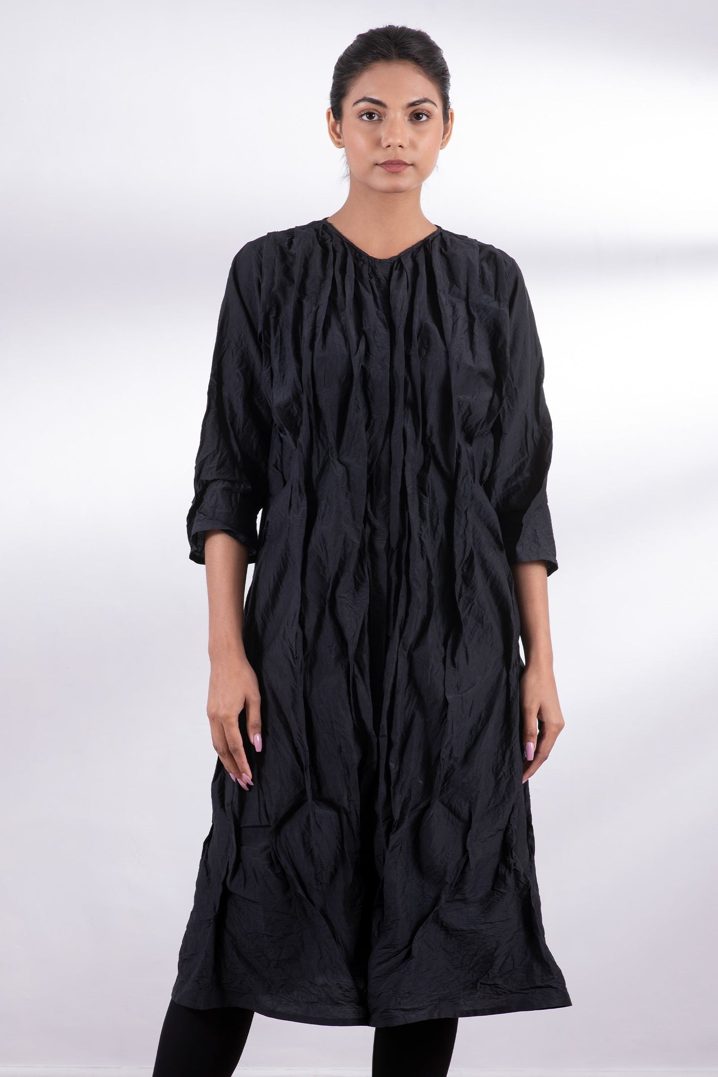 DYED COTTON SILK HEAVY VOILE WAVY TUCK CROPPED SLV. DRESS - dh1434-blk -