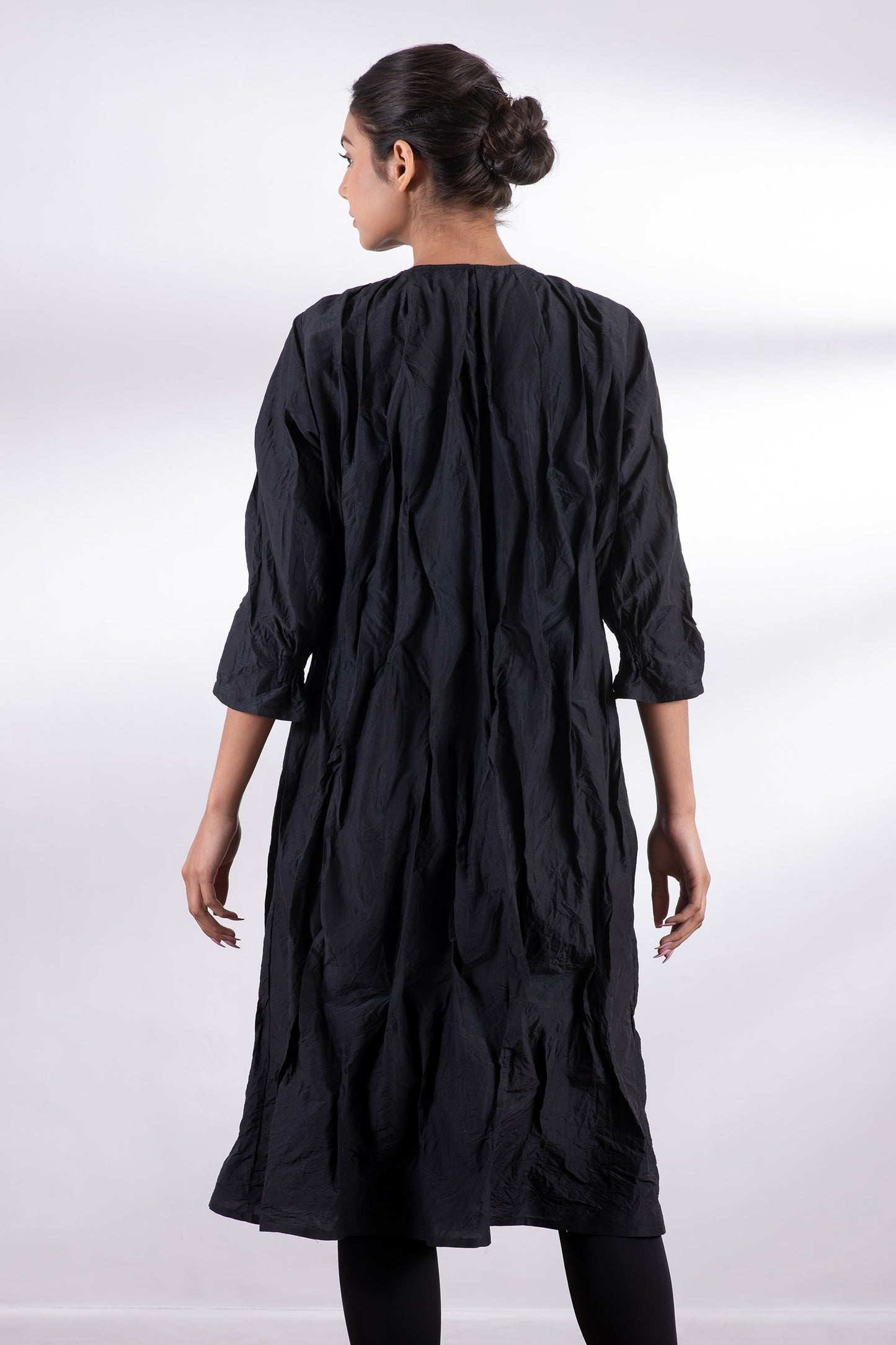 DYED COTTON SILK HEAVY VOILE WAVY TUCK CROPPED SLV. DRESS - dh1434-blk -